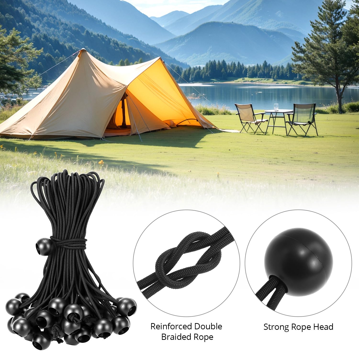 QWORK® 50 pcs Bungee Cord with Balls, 8 inch, Black Bungee Cords, Suitable for camping tents tarps, banners, Household items - Image 3