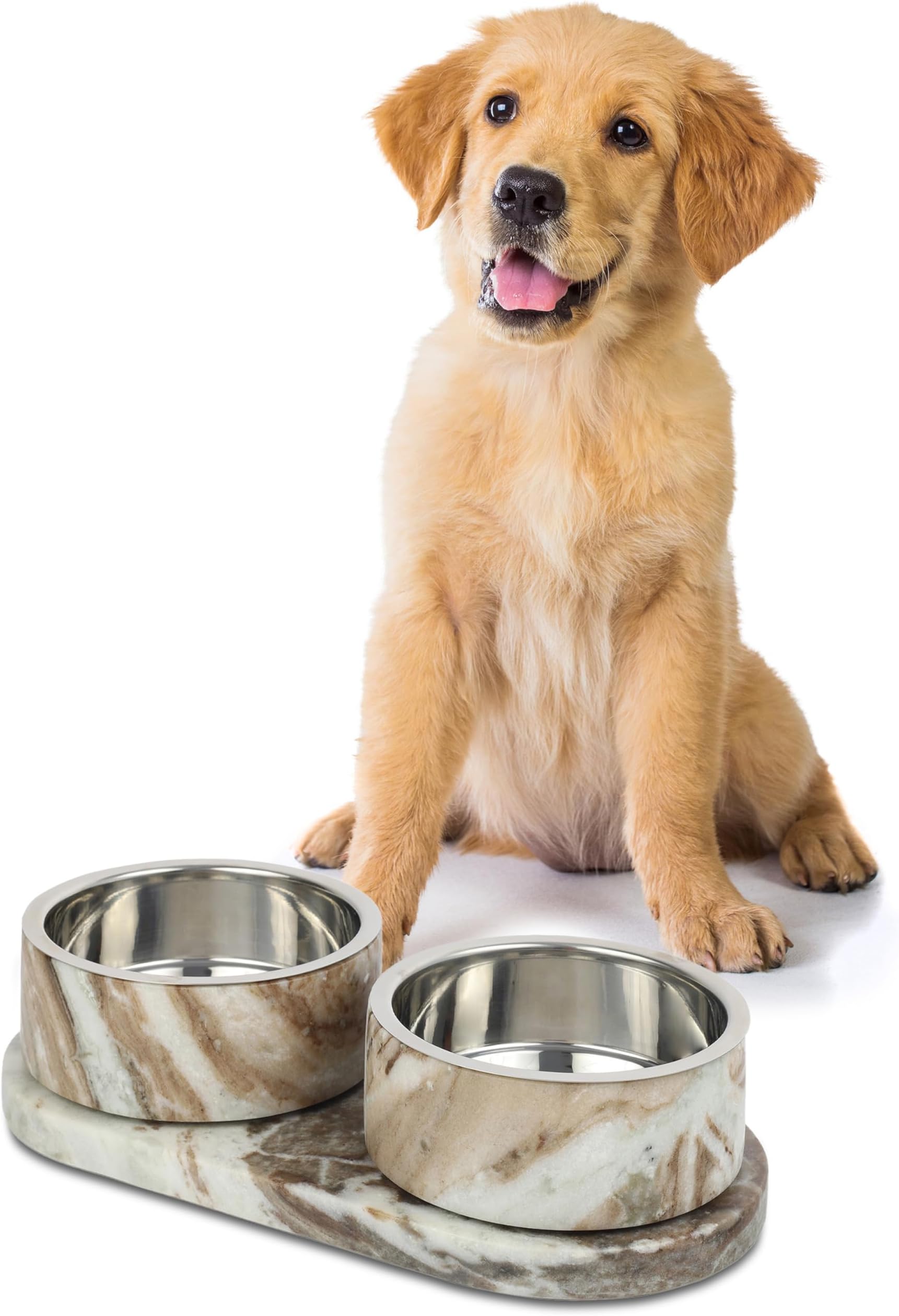 DBL1000C Marbre Small/Medium Modern Weighted Double Marble and Stainless Steel Bowl 12oz (1.5 Cups) Feeder with Non-Slip Marble Tray Set, Beige/Gray