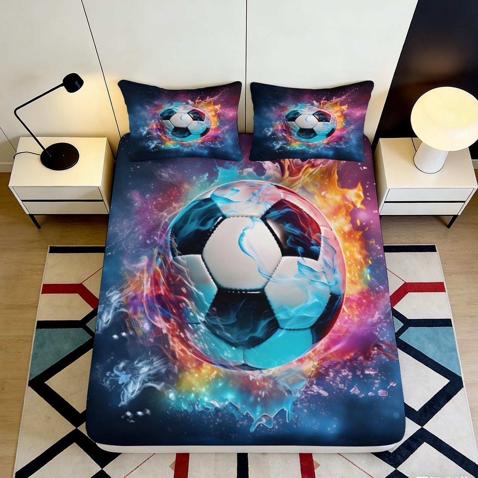 3D Printed Soccer Galaxy Fitted Sheet Microfiber Colourful Nebula Mattress Cover for Bedroom Guest Room Decor 90x200x25cm