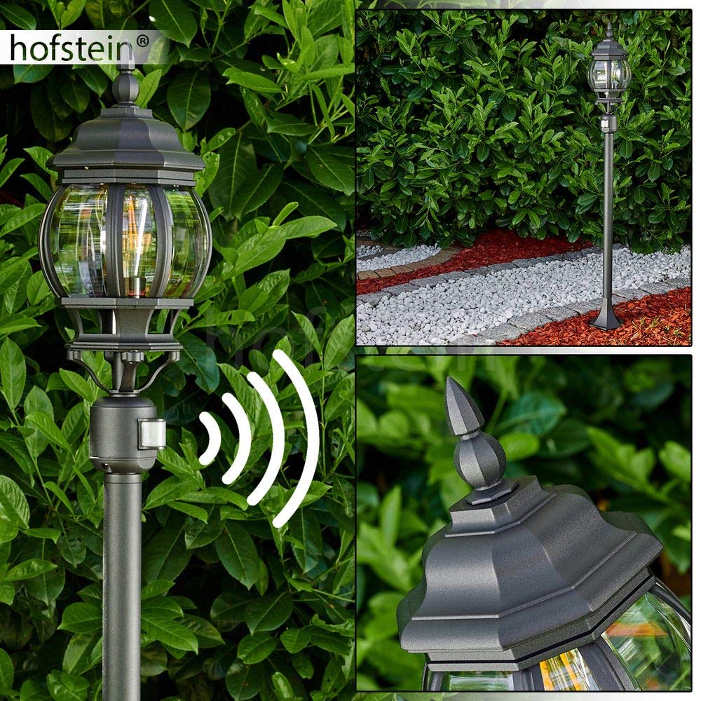 Lampa zewnętrzna Lentua z czujnikiem ruchu, oświetlenie drogi, odlew aluminiowy w kolorze czarnym z plastikowymi tarczami, lampa podłogowa 130cm, E27, IP44, bez żarówek