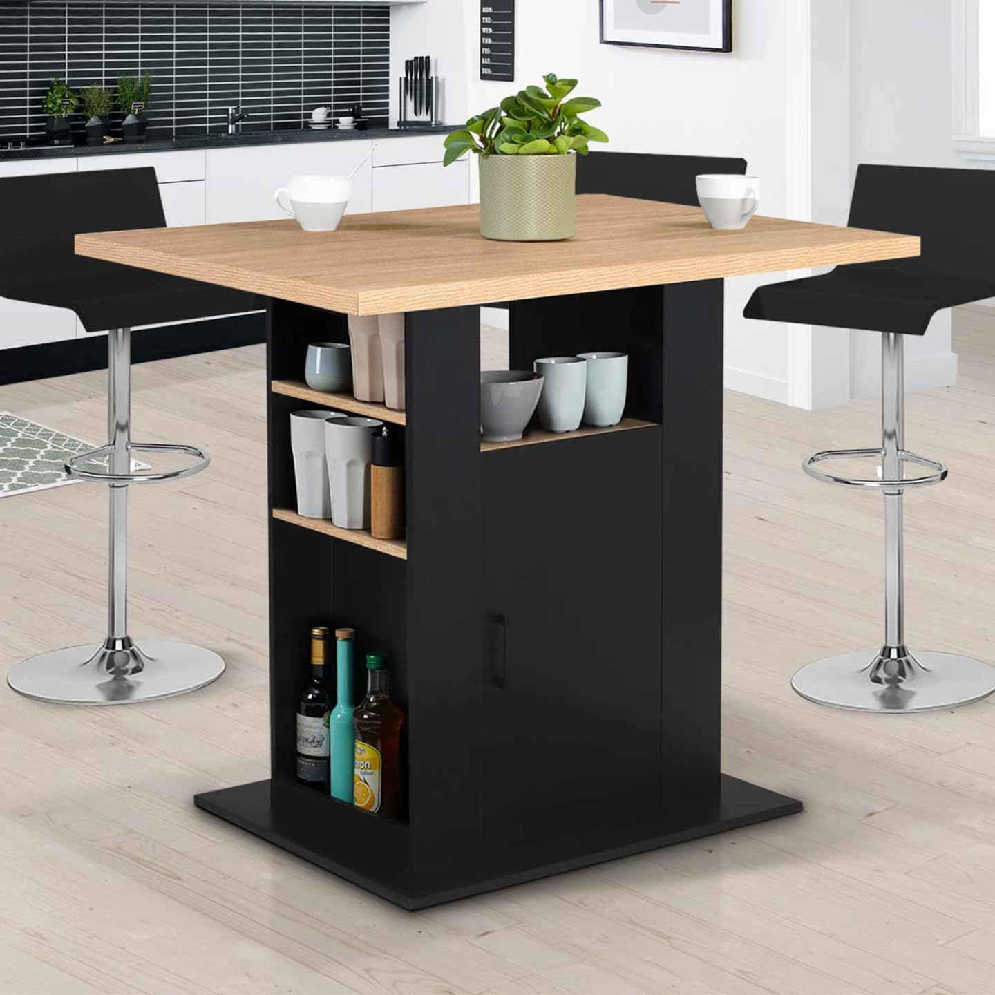 IDMarket - Ilot Central UGO 110 cm Bois Noir et Imitation hêtre avec rangements
