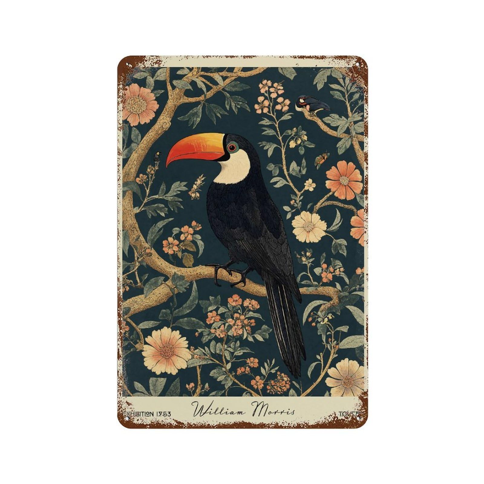 Toucan William Morris Botanical Rustic Tin Plaque 11.8"x7.9", Ideal for Office, Studio And Wall Decor