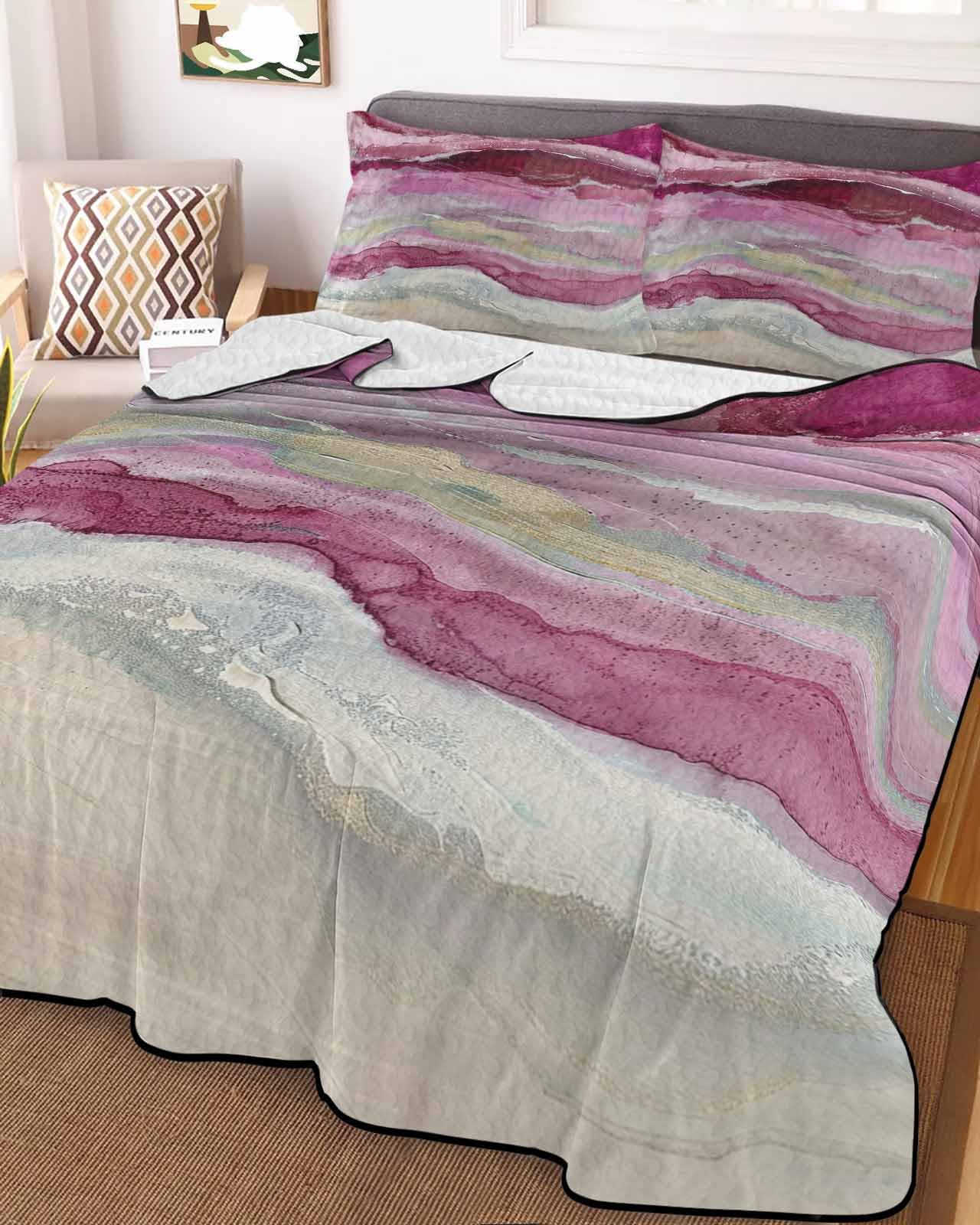 LOT BASIC 3-Piece Summer Quilt Full Size, Pink Coastal Lightweight Cooling Bedding Comforter Blanket with 2 Pillow Shams, Summer Beach Nautical Abstract Art Bedspreads Quilted Coverlet Sets 78