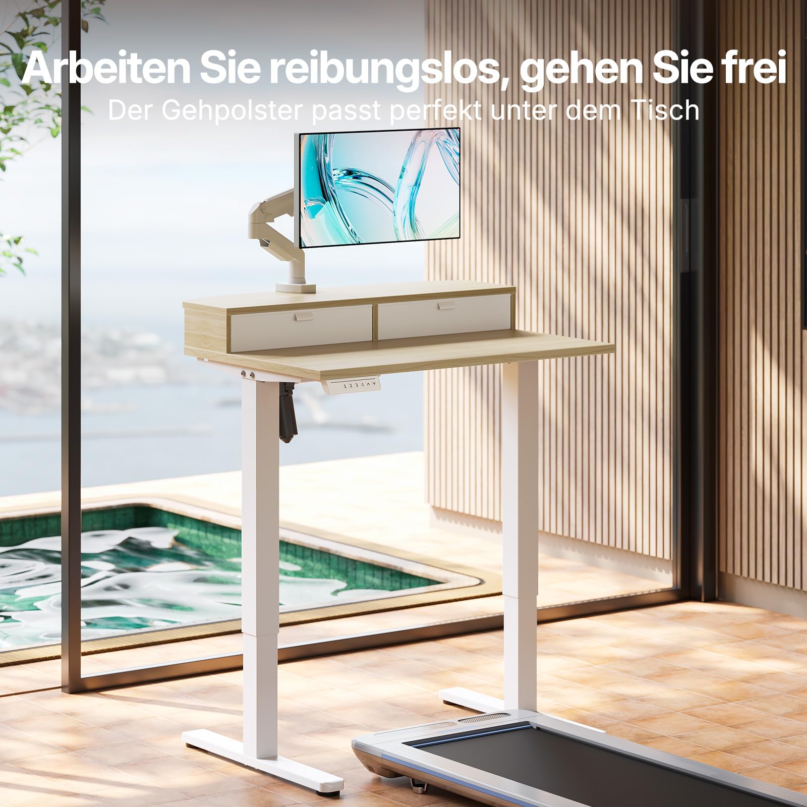 HUANUO Höhenverstellbarer Schreibtisch 80x53 cm mit Schubladen | kompatible C-Klemme-Halterung, 4 Gedächtnis-Höheneintellungen