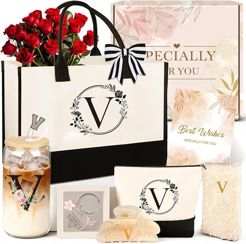 Giftota Conjunto de presente com 9 peças e inicial V, incluindo bolsa de lona, nécessaire, copo de vidro e acessórios