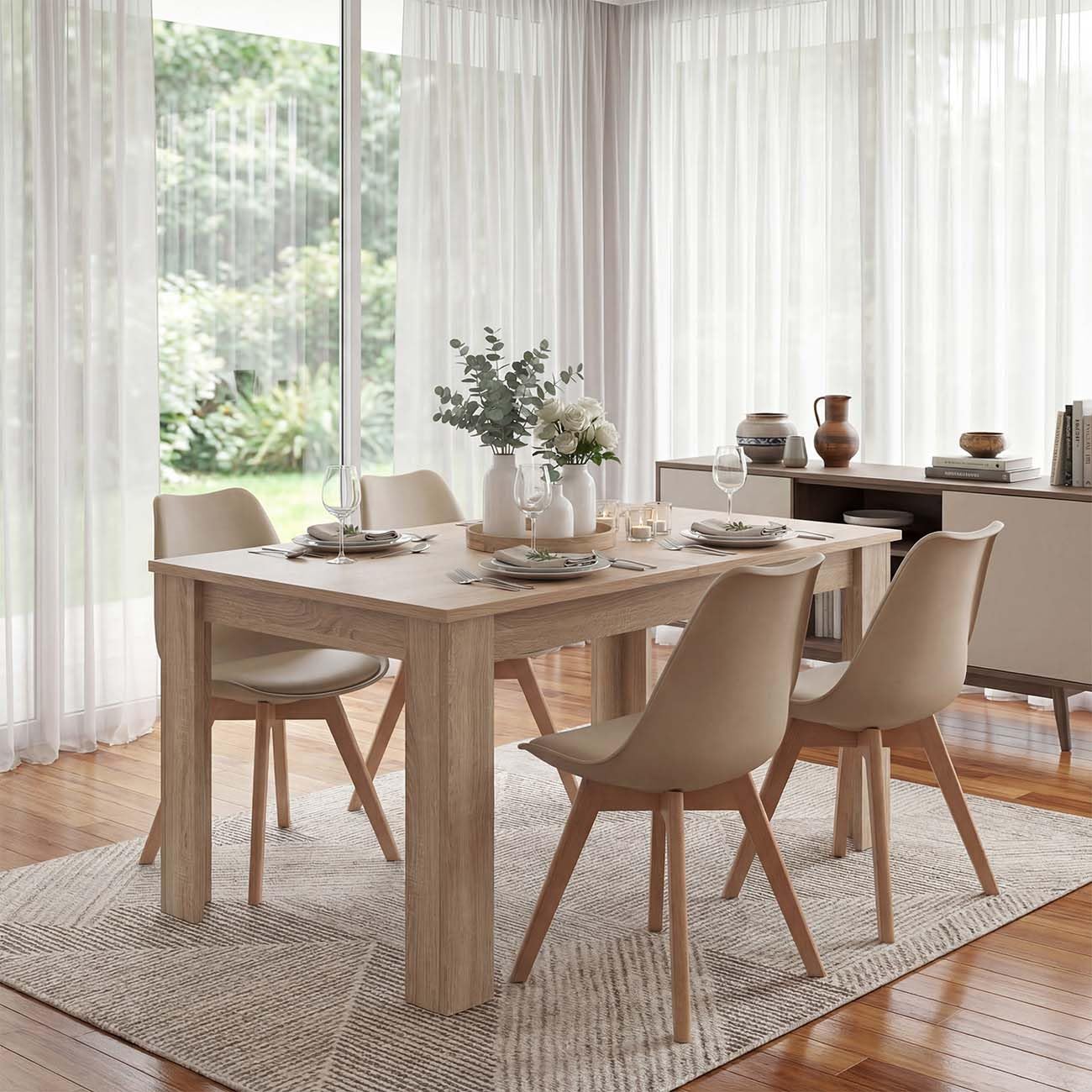 duehome | Beench, Pack 4 sillas Nórdicas, Sillas Comedor, Acabado en Arena y Madera, Medidas: 49 (Ancho) cm x 53,5 cm (Largo) x 83 cm (Alto)