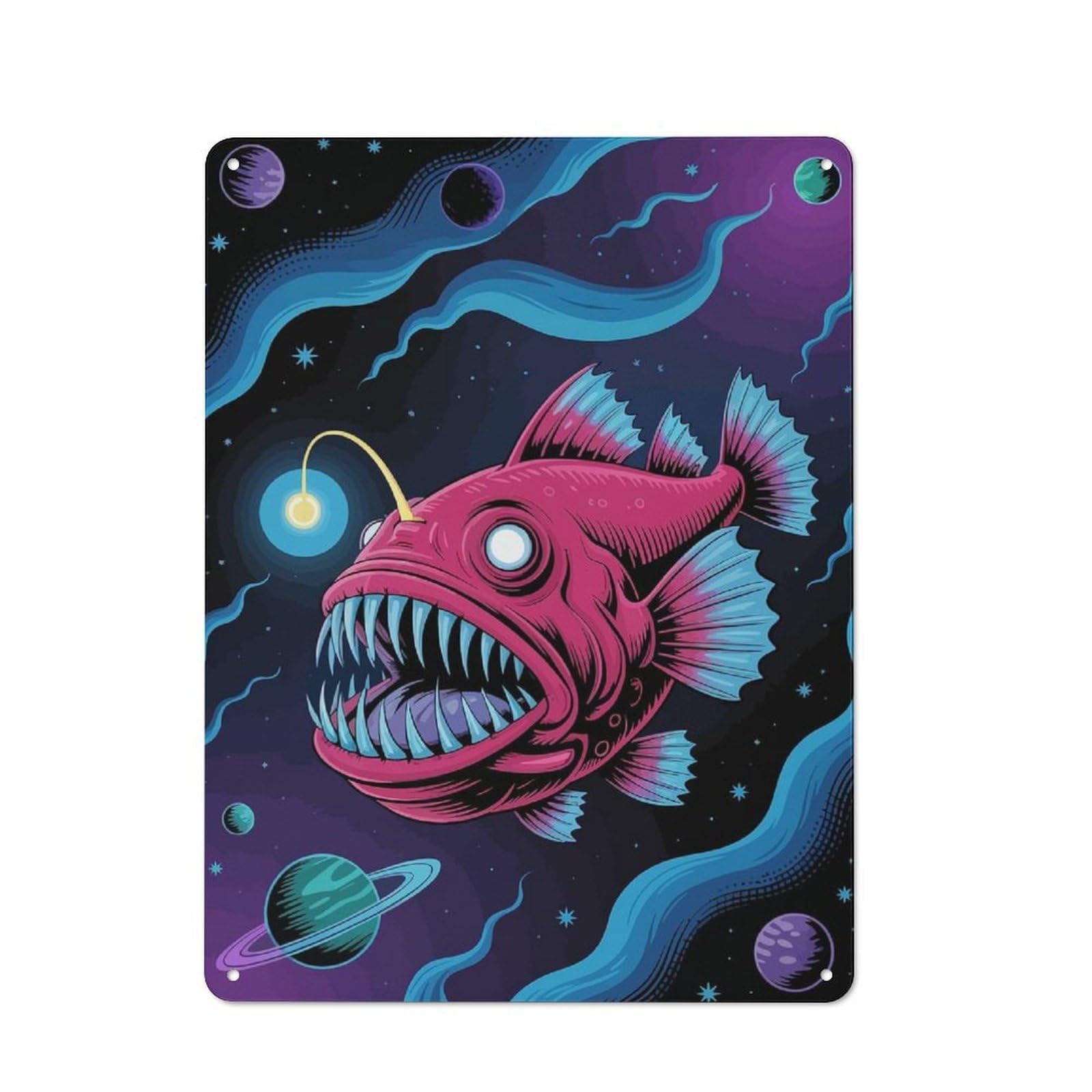 Junmoney Cosmic Anglerfish Illustration Vintage Metal Plaque 40X30cm For Workshop Wall, For Kitchen And Home Bar Decor, For Home Office And Studio Walls