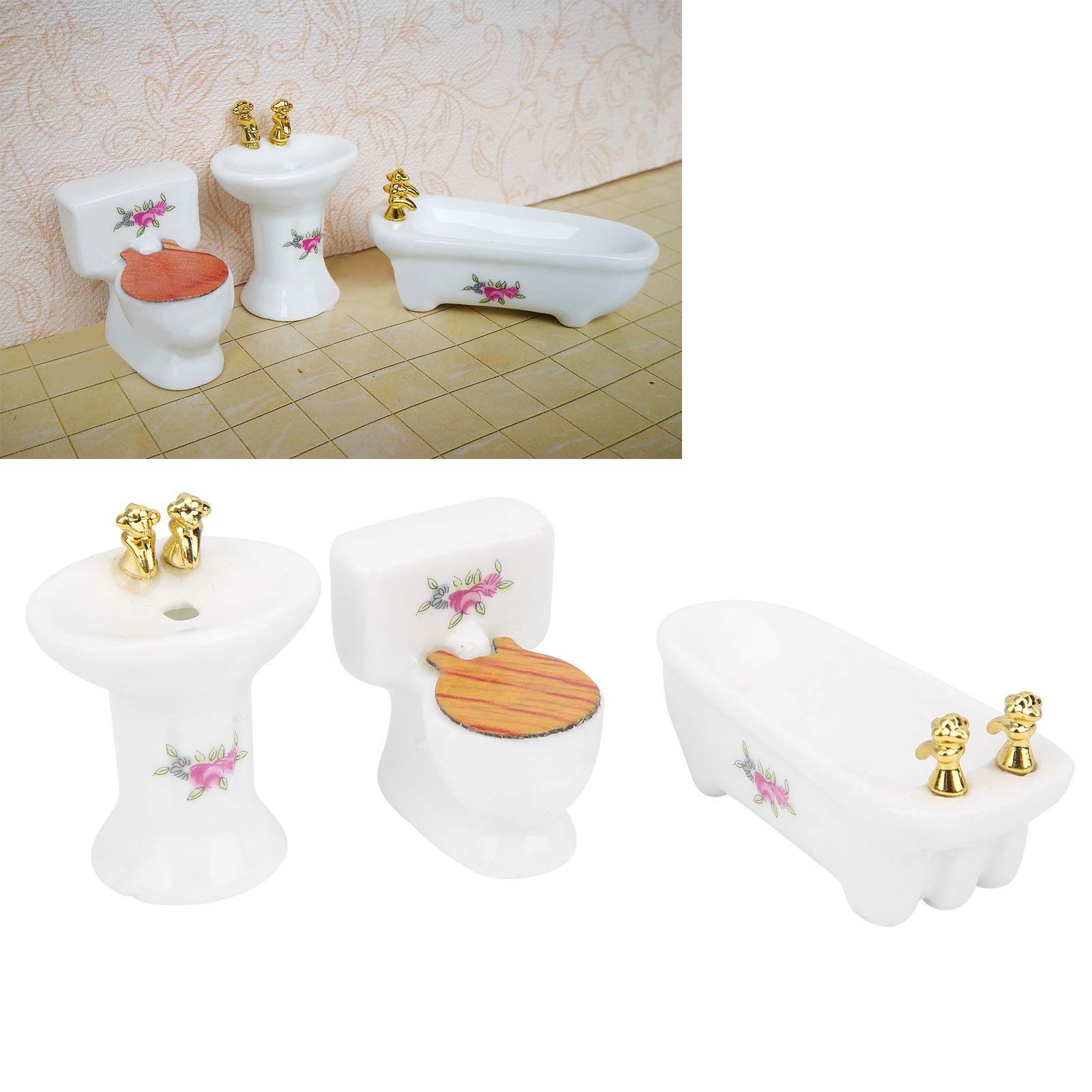 Generic 1/24 Casa de Muñecas Miniatura Exquisito Juego de Baño de Cerámica para Casa de Muñecas, Rosa Blanca Trébol de Cuatro Hojas Bañera Lavabo Kit para Mini de (#3)
