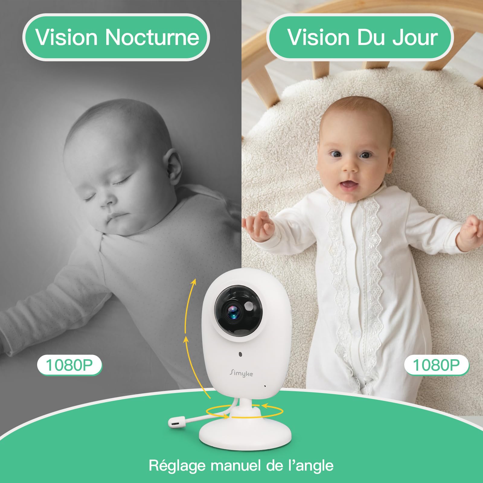 Simyke Babyphone, Caméra Bébé WiFi 1080p, contrôle app, Vision Nocturne, Notifications en Temps réel, Lecture vidéo avec Stockage Cloud ou Carte SD, Capture Automatique et Alerte de sécurité