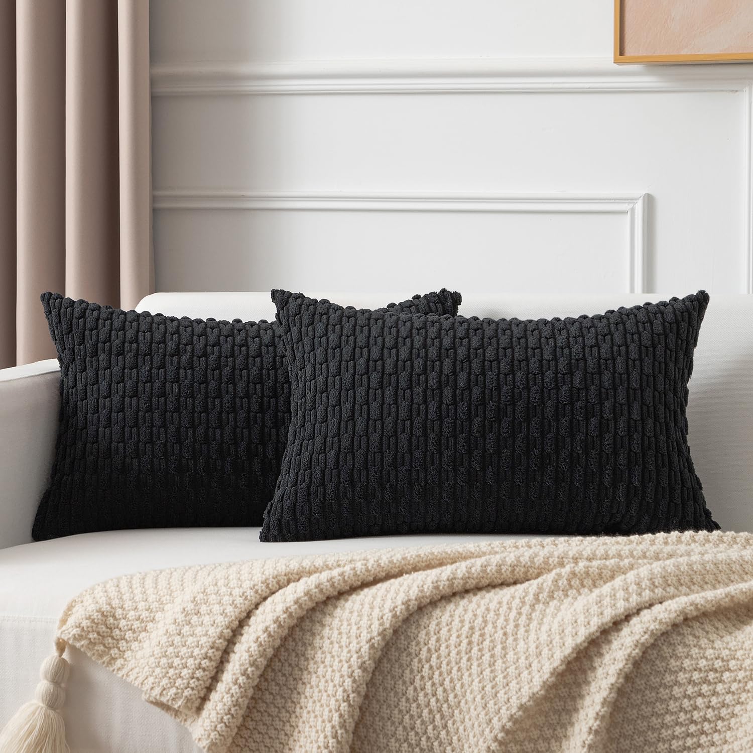Kevin Textile Boho Cushion Covers 30 x 50 cm Set of 2 Soft Striped Corduroy Decorative Rectangular Lumbar 12x20 Inch Pillowcases with Invisible Zipper for Chair Couch Sofa Bedroom, Black โ image 1
