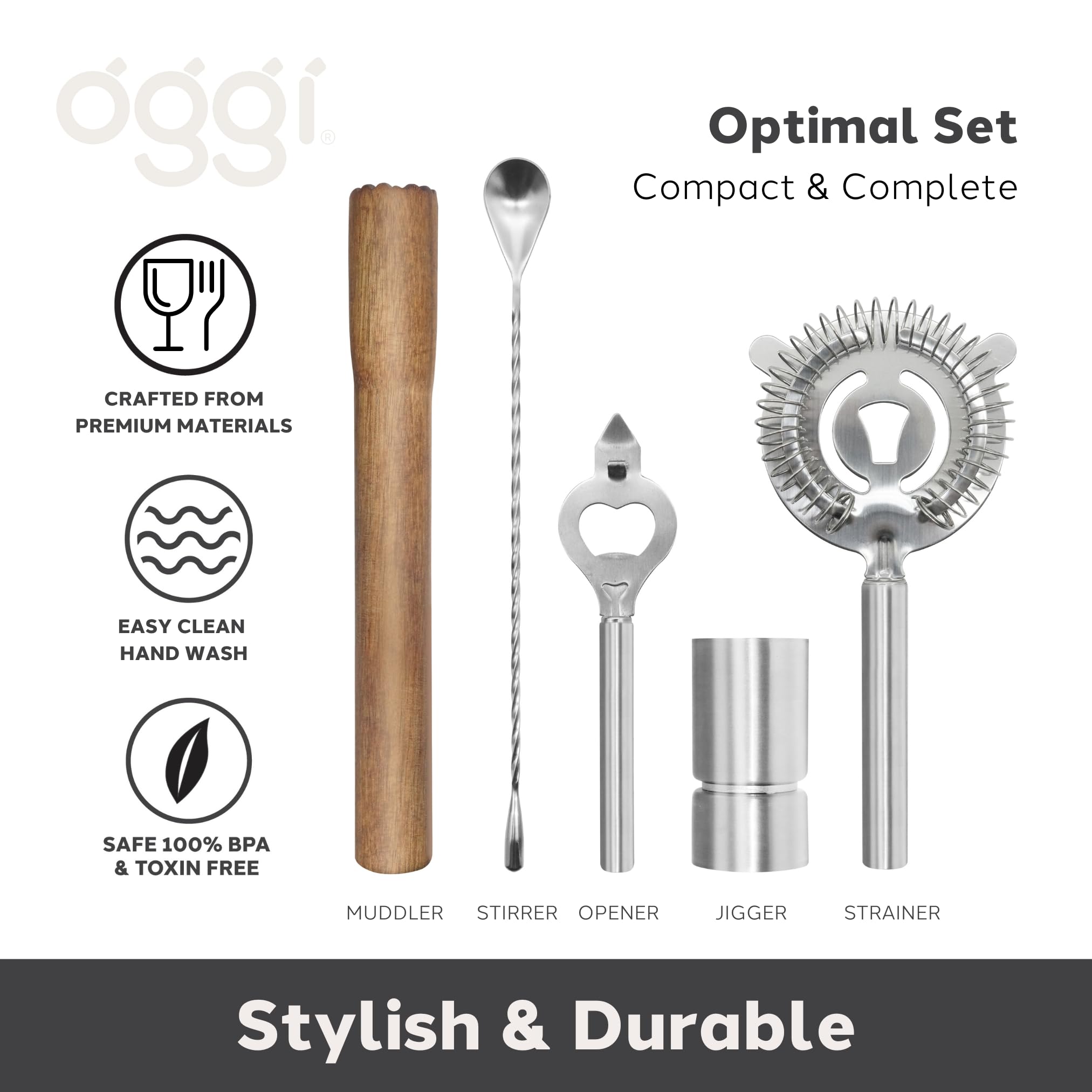 OGGI Kit de camarero delgado de 6 piezas, accesorios ideales para carrito de bar, decoración de bar, accesorios de bar para el hogar, kit de camarero, base de acacia y mortero, agitador inoxidable,