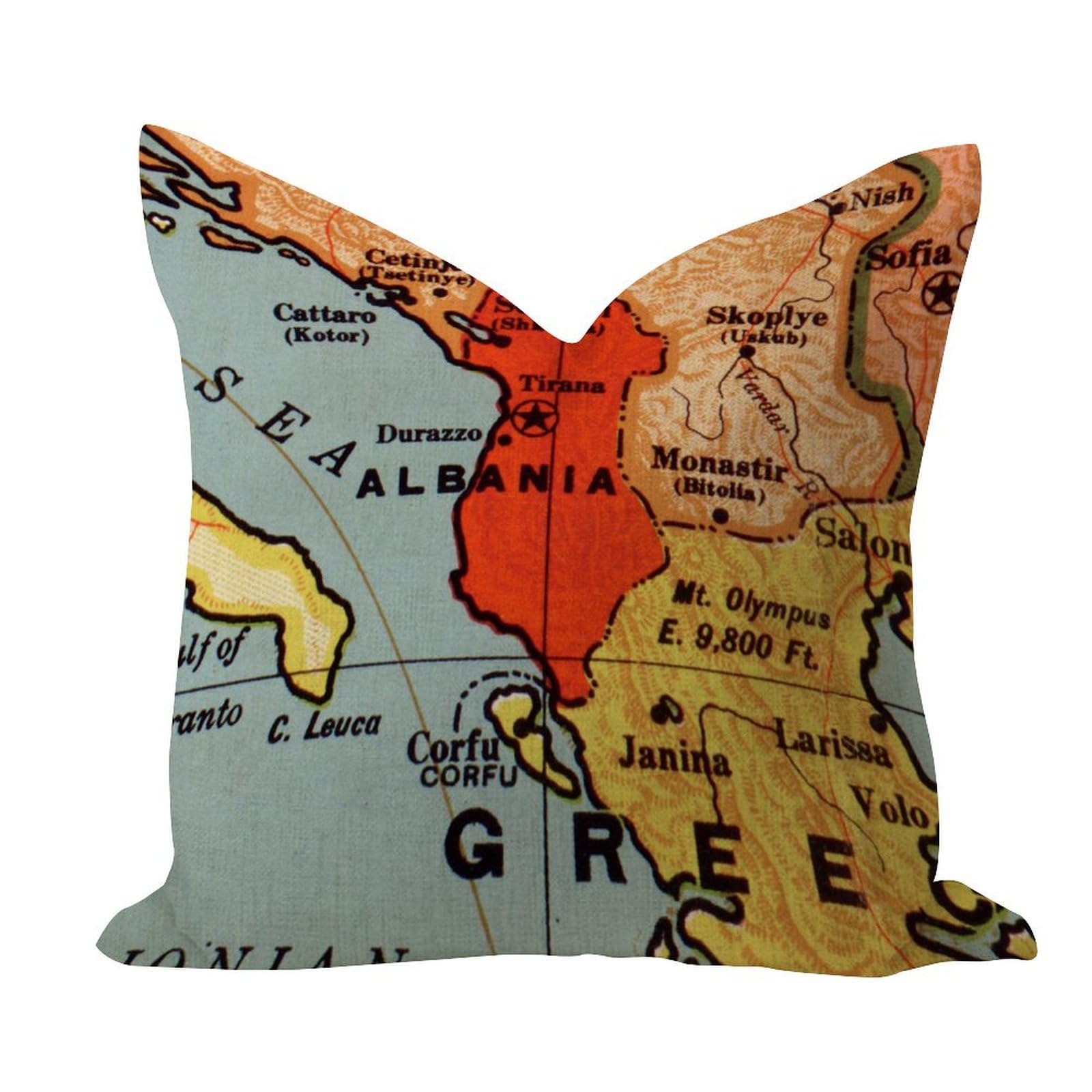 WSDESDEC Vintage Throw Pillow Covers 16x16in Map Albania Décor Soft Throw Pillow Cases Retro Map Backdrop Cotton Linen Accent for Patio Indoors Garden