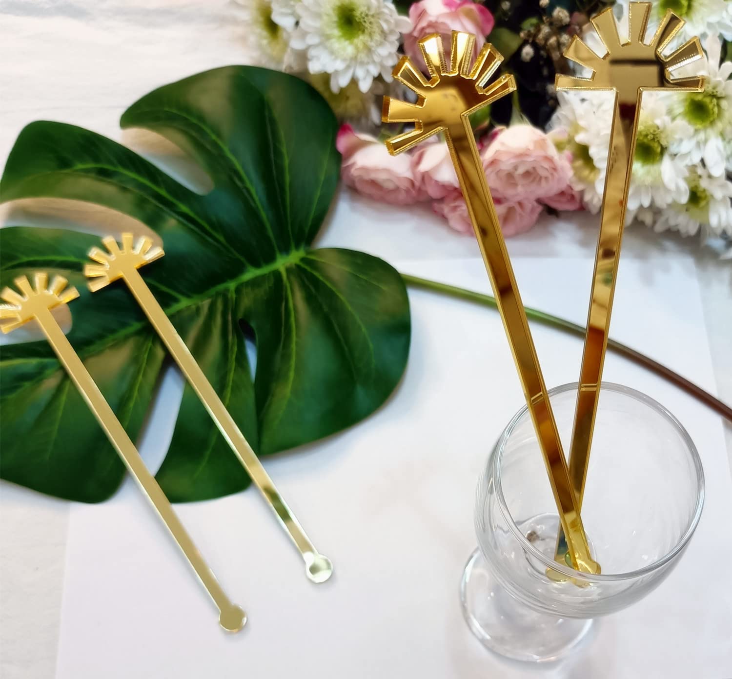 Pack of 20 Sun Drink Stirrers,Acrylic Sunshine Cocktail Stir Sticks for Party&Festival Decorations,Baby Theme Stirrers (Gold Mirror)
