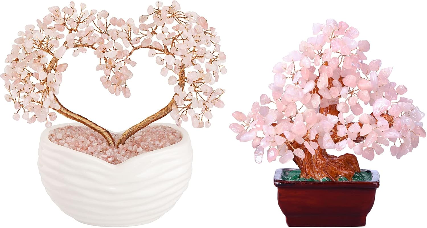 Jovivi Bundle - 2 Items Rose Quartz Crystal Heart Money Tree Healing Gemstone Bonsai Ornament + Natural Pink Rose Quartz Crystal Gem Money Tree Resin Base Bonsai