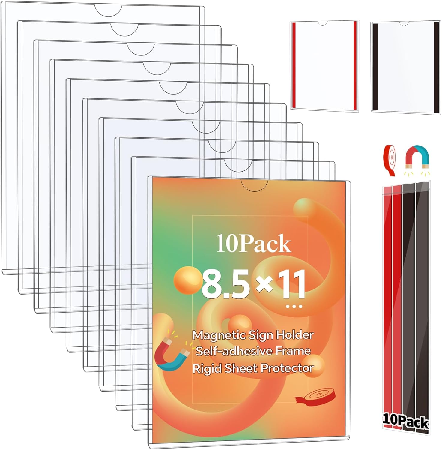 10 Pack Magnetic Sign Holder 8.5 x 11 - Rigid Sheet Protectors with Magnetic Strip Adhesive Strip, Adhesive Frames 8.5 x 11 Magnetic Picture Frames for Refrigerator,Whiteboard,Wall,Door,Window