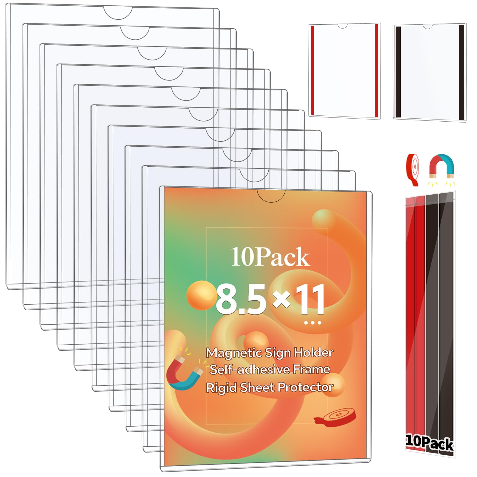 RÉΑLWÁY 10 Pack Magnetic Sign Holder 8.5 x 11 - Rigid Sheet Protectors with Magnetic Strip Adhesive Strip, Adhesive Frames 8.5 x 11 Magnetic Picture