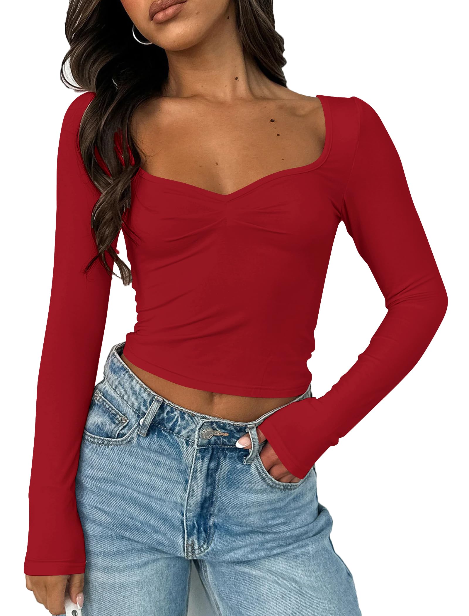 Long Sleeve Basic Tops for Women Sweetheart Neck Aesthetic Tops for Teen Girls Pleated Cute Tight Shirt Red S