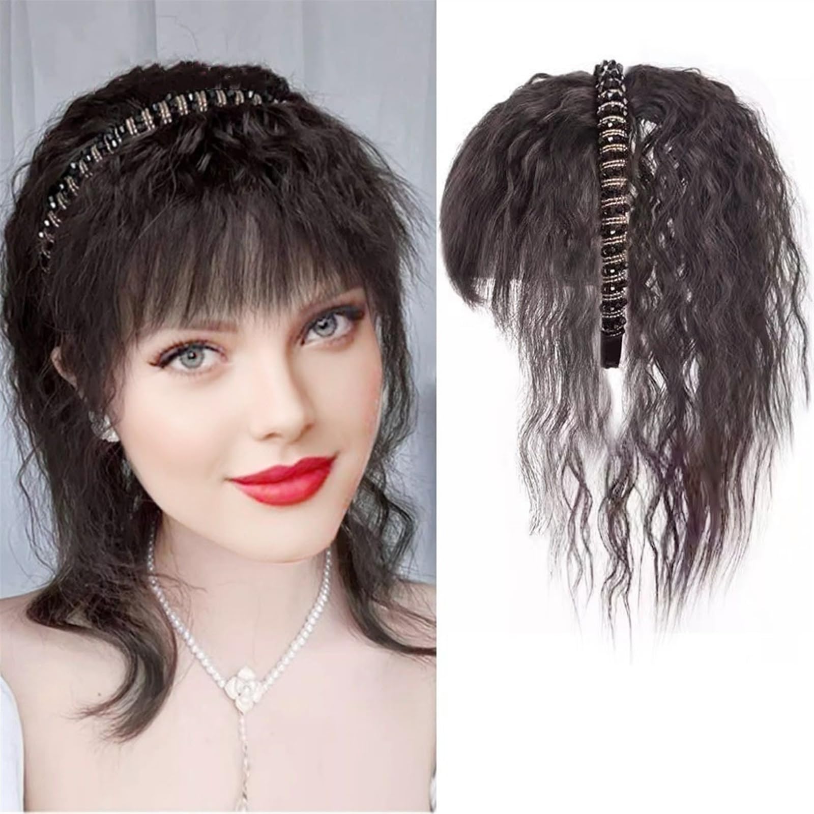 Haartopper für Frauen Kunsthaar-Topper mit Strassband, 25,4 cm, kurze, lockige Haarteile mit Pony, künstliche Haarverlängerungen, Clip-in-Wellen, lockige Haarteile for dünner werdendes Haar Haarteil T