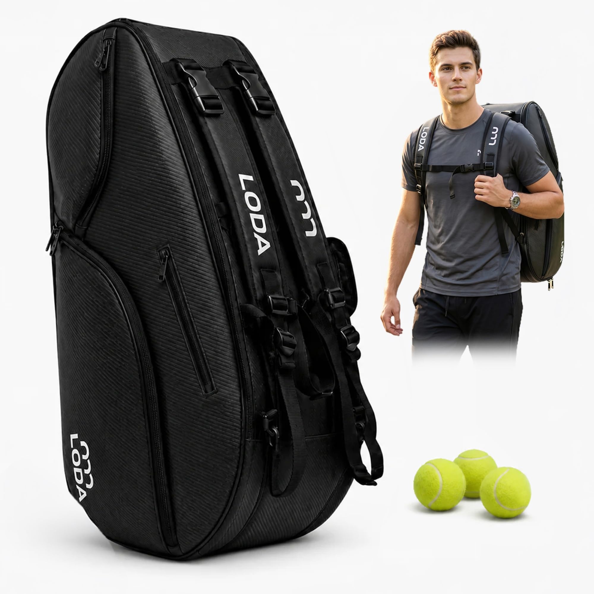 LODA - Racket Pro Tennistasche - 92L - bis zu 6 Schläger - Rucksackfunktion | Premium Tennistasche mit Hitzeschutz, Schuh-, Nass-, Dusch- & Kühlfach, fleecegefüttertes Wertsachenfach, inkl. Wäschebeutel