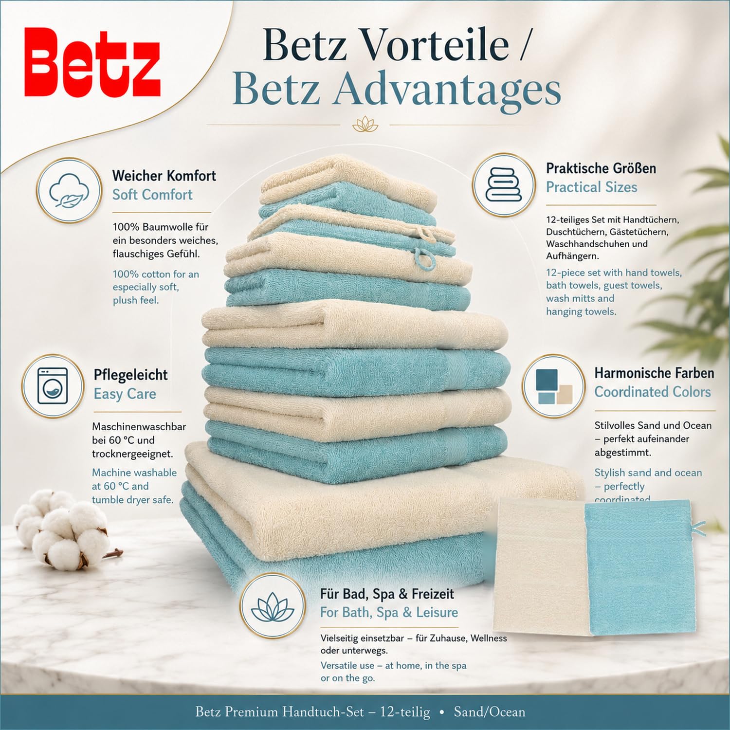 Betz set di 1 asciugamani Premium 100% cotone 2 teli doccia 4 asciugamani 2 asciugamani per ospiti 2 guanti da bagno 2 lavette