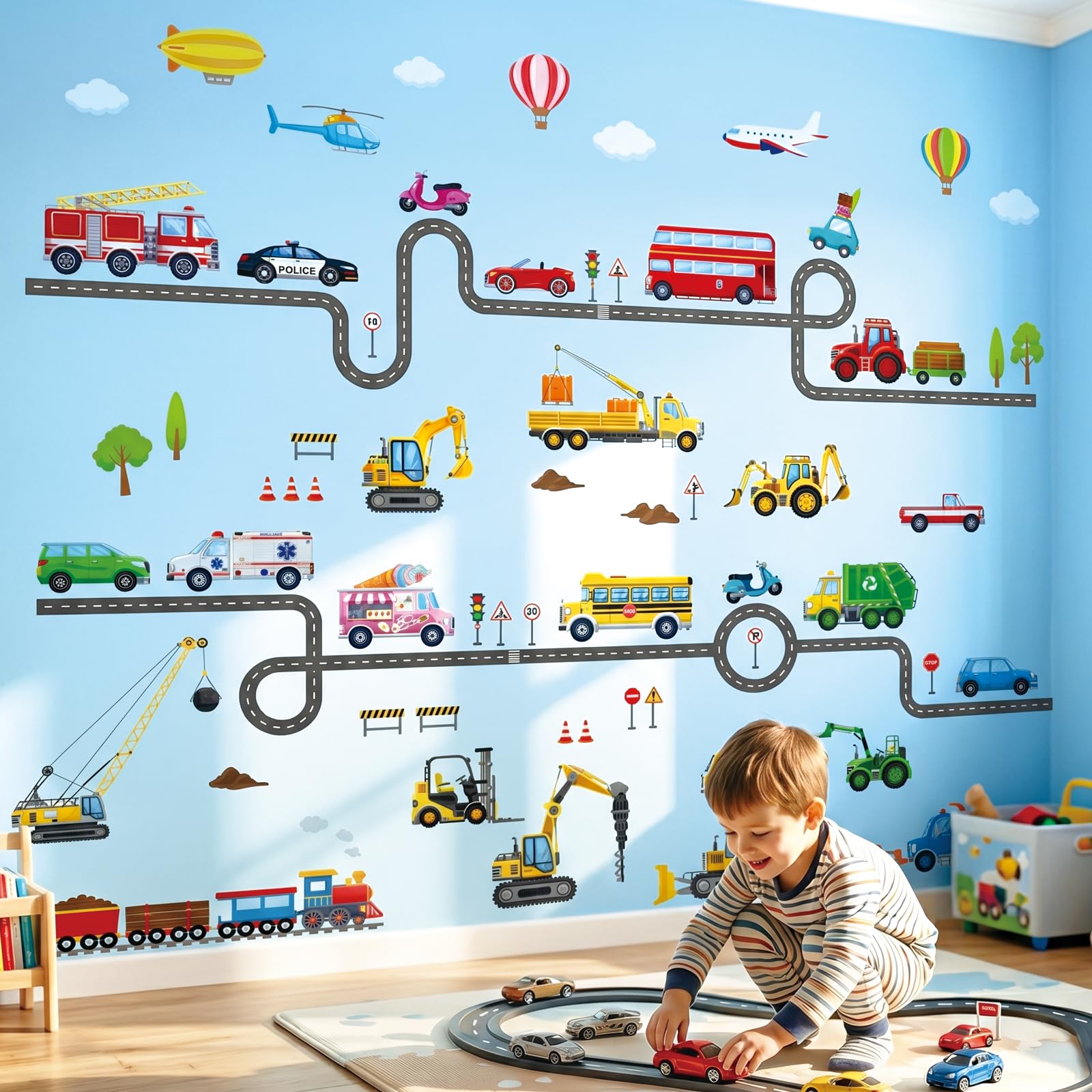 DECOWALL Vehicles and Roads Wall Stickers – Construction Trucks, Cars & Trains Peel and Stick Removable Wall Decals for Kids Boys Bedroom, Nursery & Playroom Decor (DS9-8090)