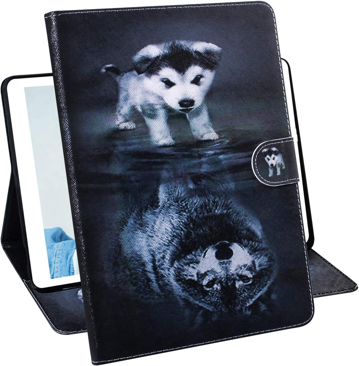 Folio Case for Samsung Galaxy Tab A 10.1 SM-T510/SM-T515, Slim Fit Cute Cartoon Printed with Stand Card Slots Money Holder Smart Shell Protective Leather Cover for T510 T515 (Dark Wolf & Dog)