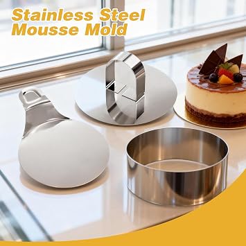 16 PCS Mousse Ring Set, 8cm Baking Rings Stainless Steel Cake Rings Round Mousse Mould Ring Cake Mold with Food Press Spatula for Crumpets Eggs Pastry Desserts