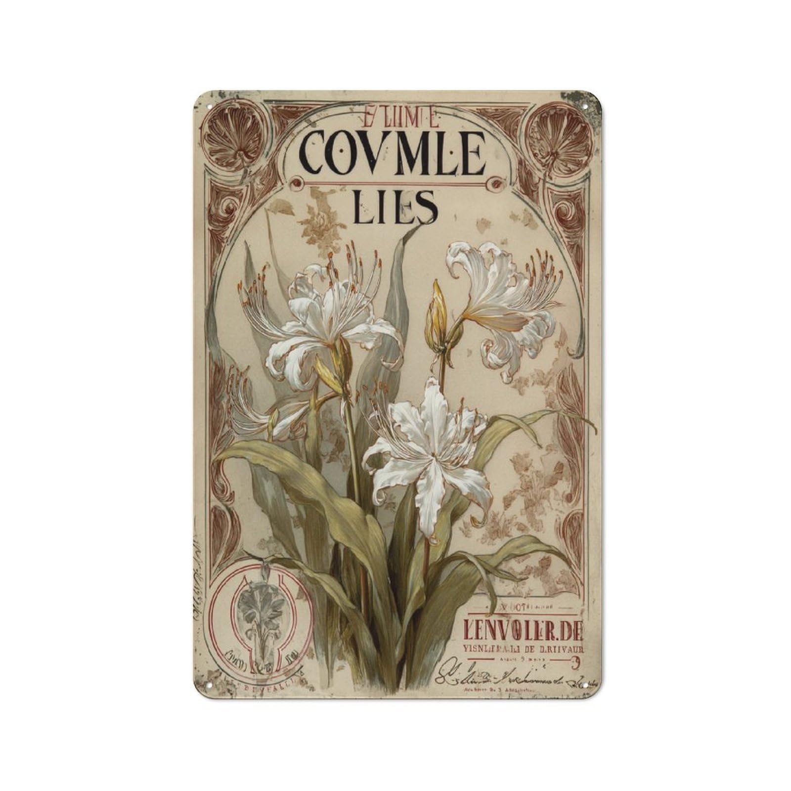 Junmoney Vintage White Lily Illustration Metal Plaque With Design 30X20cm, Cosy Diner Style Decor For Coffee Bar, Kitchen, Bistro Or Tea Corner