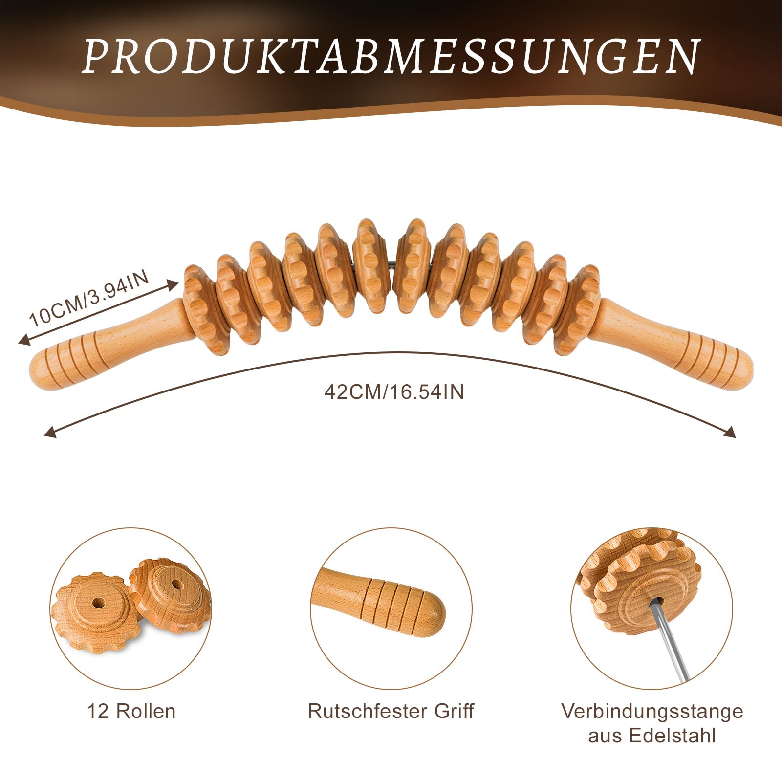 Faszienstab Holz aus Buchenholz für Muskelentspannung, Körperformung, Gua Sha Massage, Faszienrolle Holz Massagegerät Mit Griff, Anti Cellulite, Massageroller Beine, mit Baumwolltasche