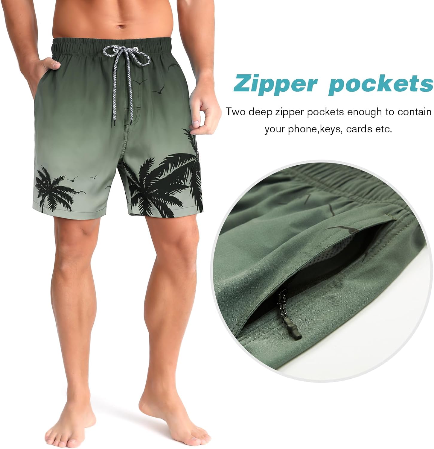 zeetoo Mens Swim Trunks with Compression Liner 5" Inseam Quick Dry Beach Shorts with Zipper Pockets - Image 3