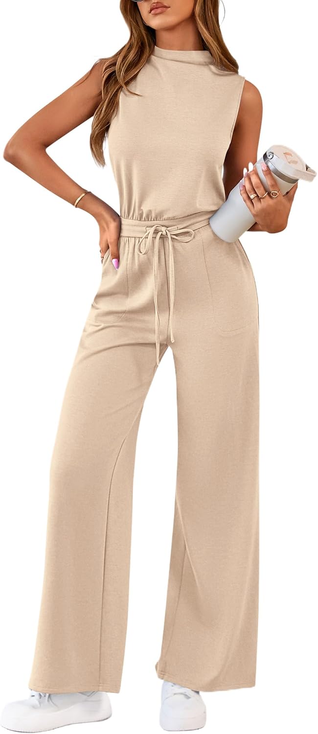 PRETTYGARDEN One Piece Jumpsuits for Women Dressy Summer Business Casual Outifts Sleeveless Mock Neck Wide Leg Rompers