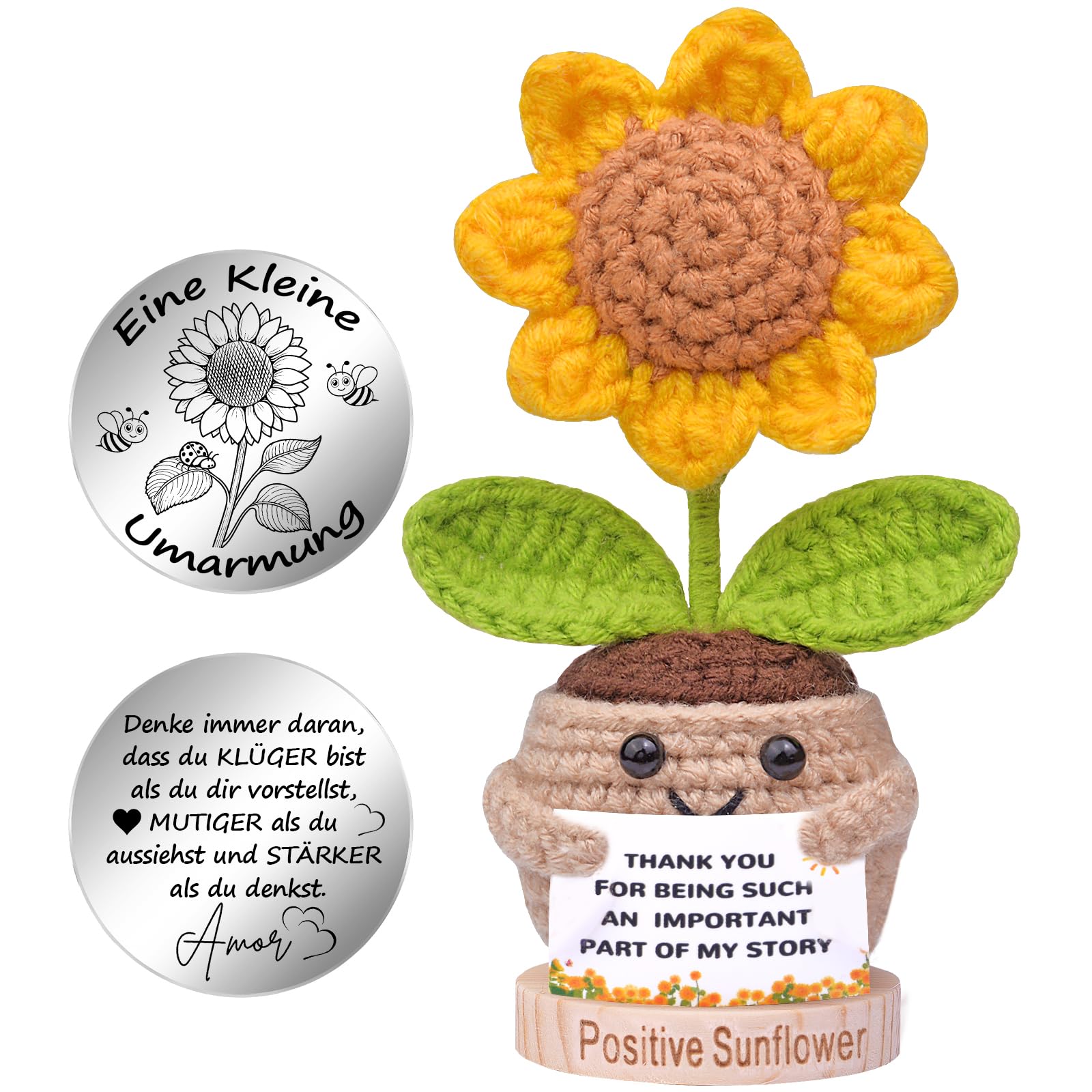 Mwmoeen Pocket Hug Positive Sonnenblume Glücksbringer, Gehäkelte Sonnenblume und Kleine Umarmung Glücksbringer (Silber), Dankeschön Geschenk, Weihnachten Geschenke für Frauen