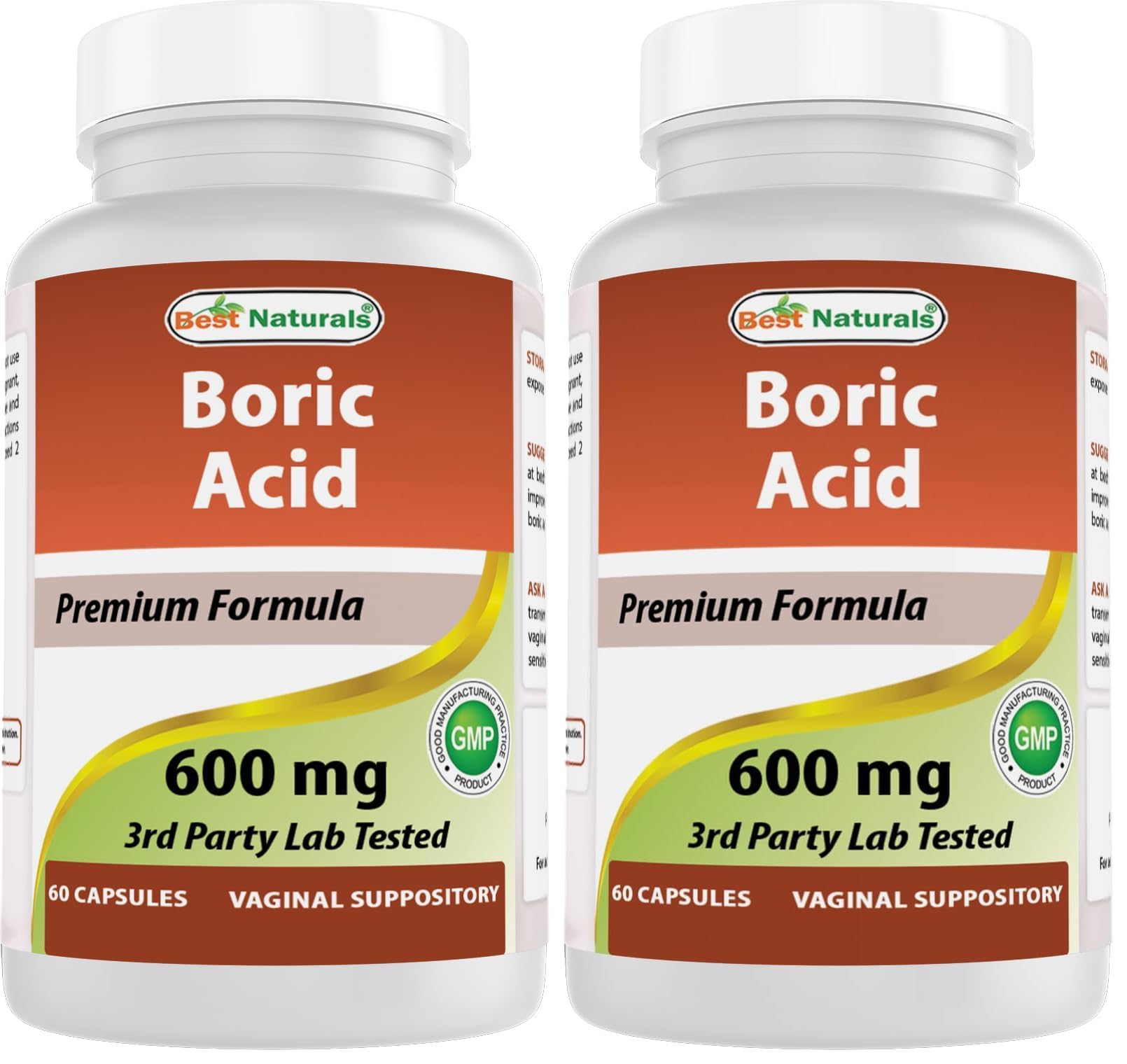 Best Naturals Boric Acid Vaginal Suppositories - Made in USA - USP Medical Grade Fine Powder, Easy Dissolve, Third Party Tested - 60 Count (Pack of 2)