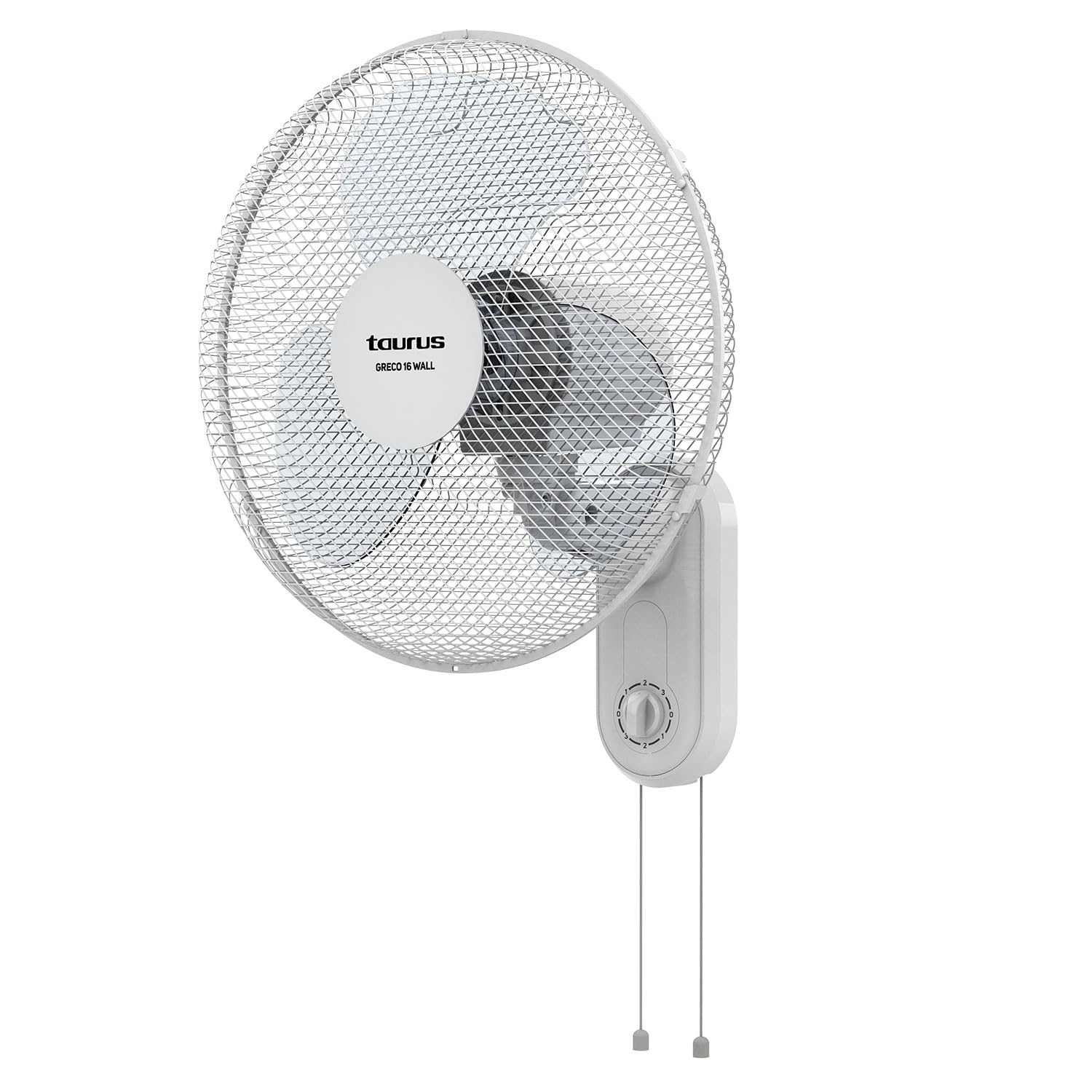 Taurus Greco Wall Ventilateur mural, silencieux, 3 vitesses, variateur de vitesse, oscillant, interrupteur à tirette, grille amovible 45 W, 3 pales