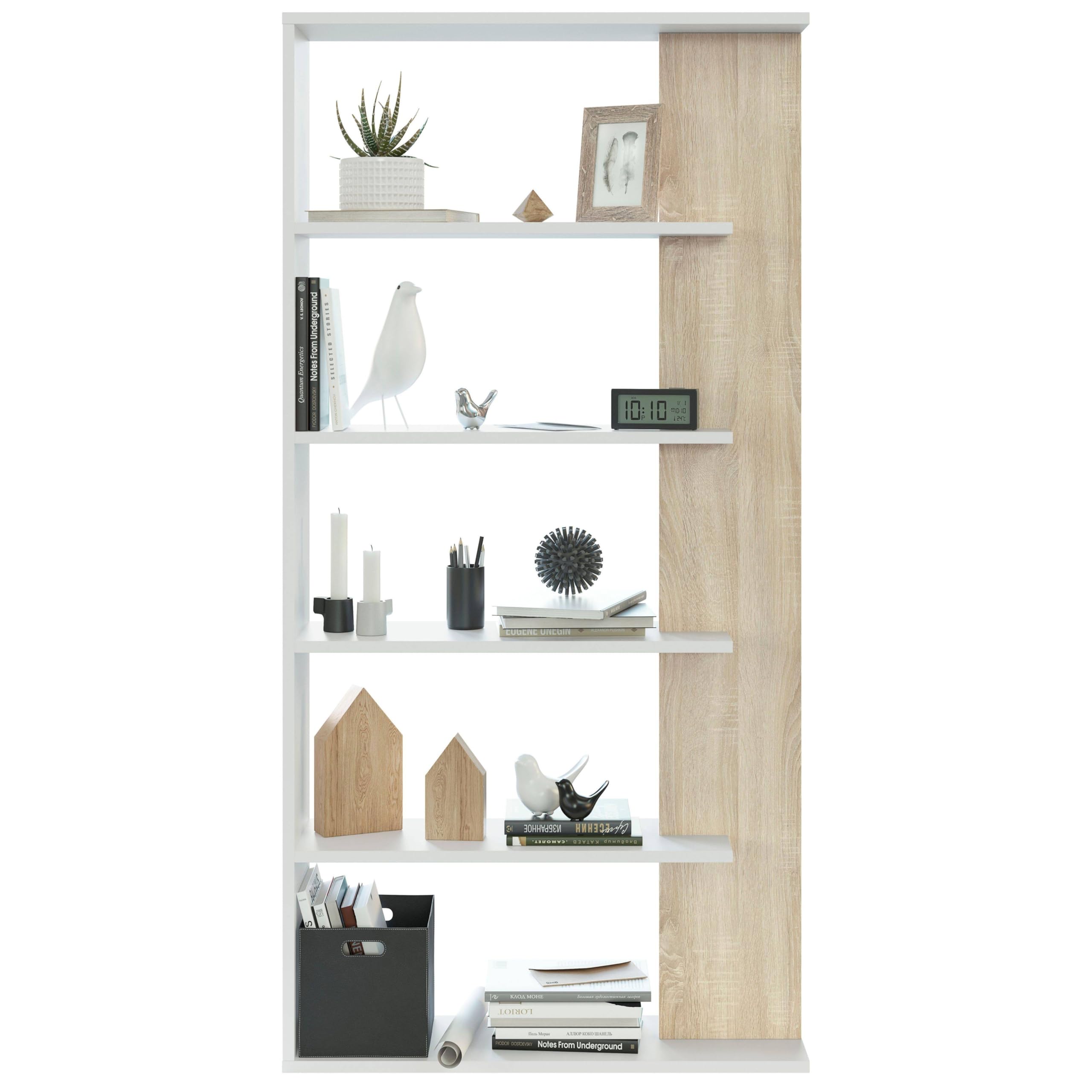 Habitdesign Estantería 5 baldas, Librería Comedor, Salon, Modelo Alida, Acabado en Color Blanco Artik y Roble Canadian, Medidas: 180 cm (Alto) x 90 cm (Ancho) x 25 cm (Fondo)