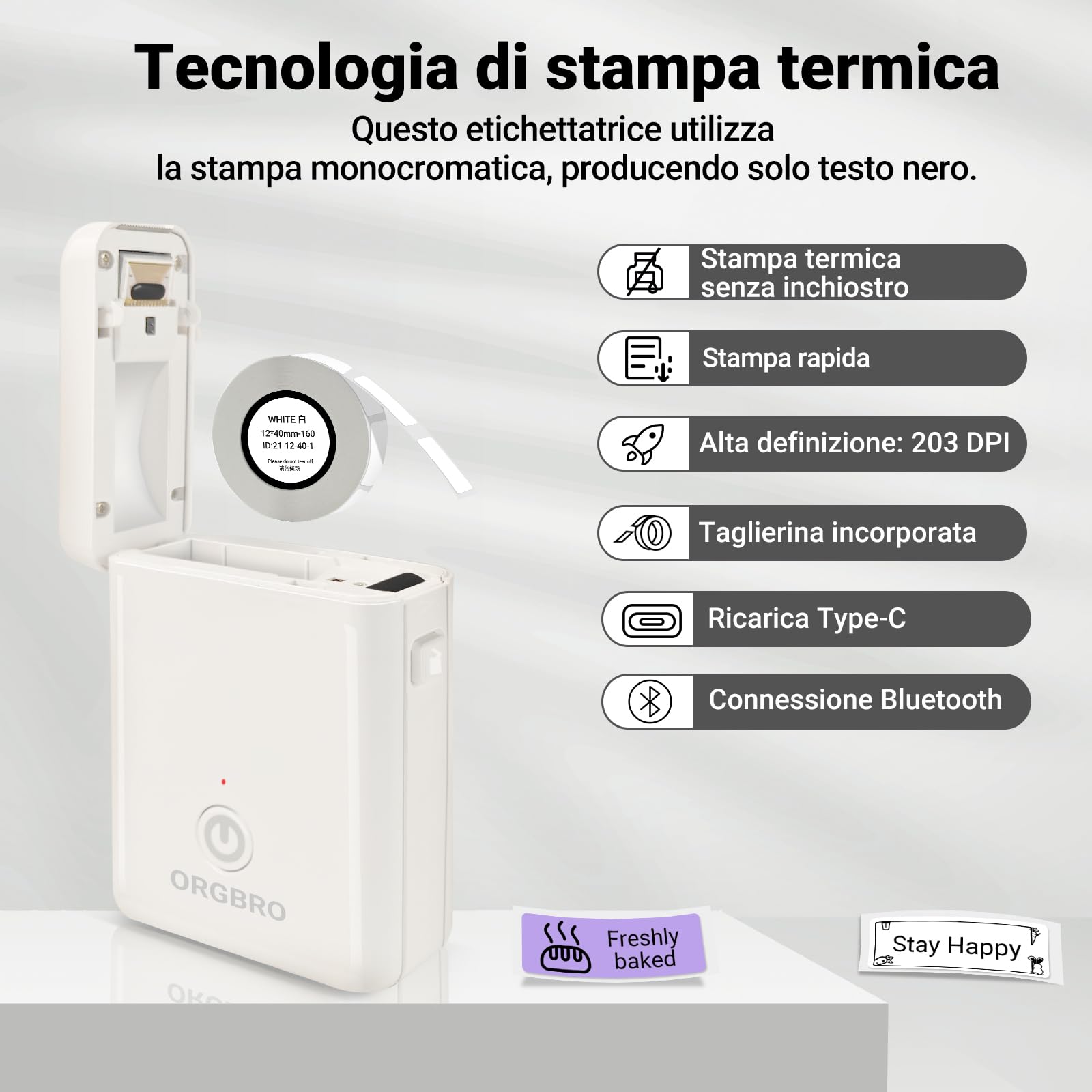 ORGBRO X1 Etichettatrice Termica Portatile Bluetooth - Mini Stampante per Etichette Adesive Senza Inchiostro/Cartucce con 1 Rotolo Incluso, Compatibile con iOS/Android per Casa, Ufficio (Bianco)