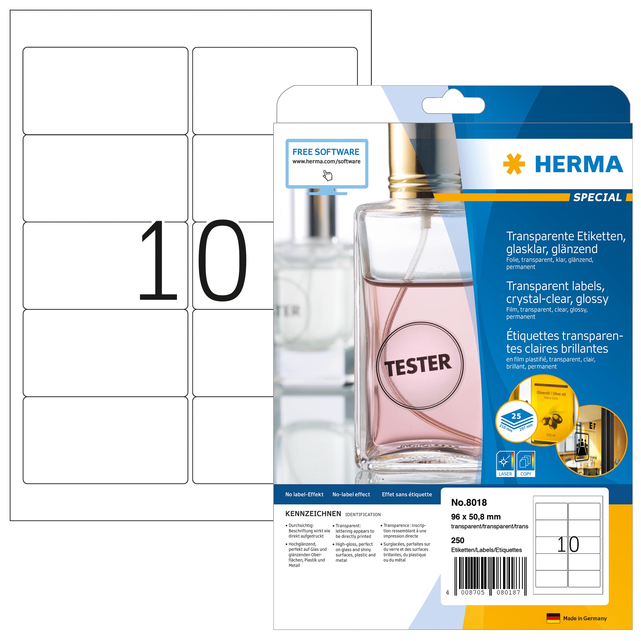 HERMA 8018 Wetterfeste Folienetiketten transparent, 25 Blatt, 96 x 50,8 mm, 10 pro A4 Bogen, 250 Stück, selbstklebend, bedruckbar, glänzend, blanko Klebeetiketten Aufkleber aus Folie, durchsichtig
