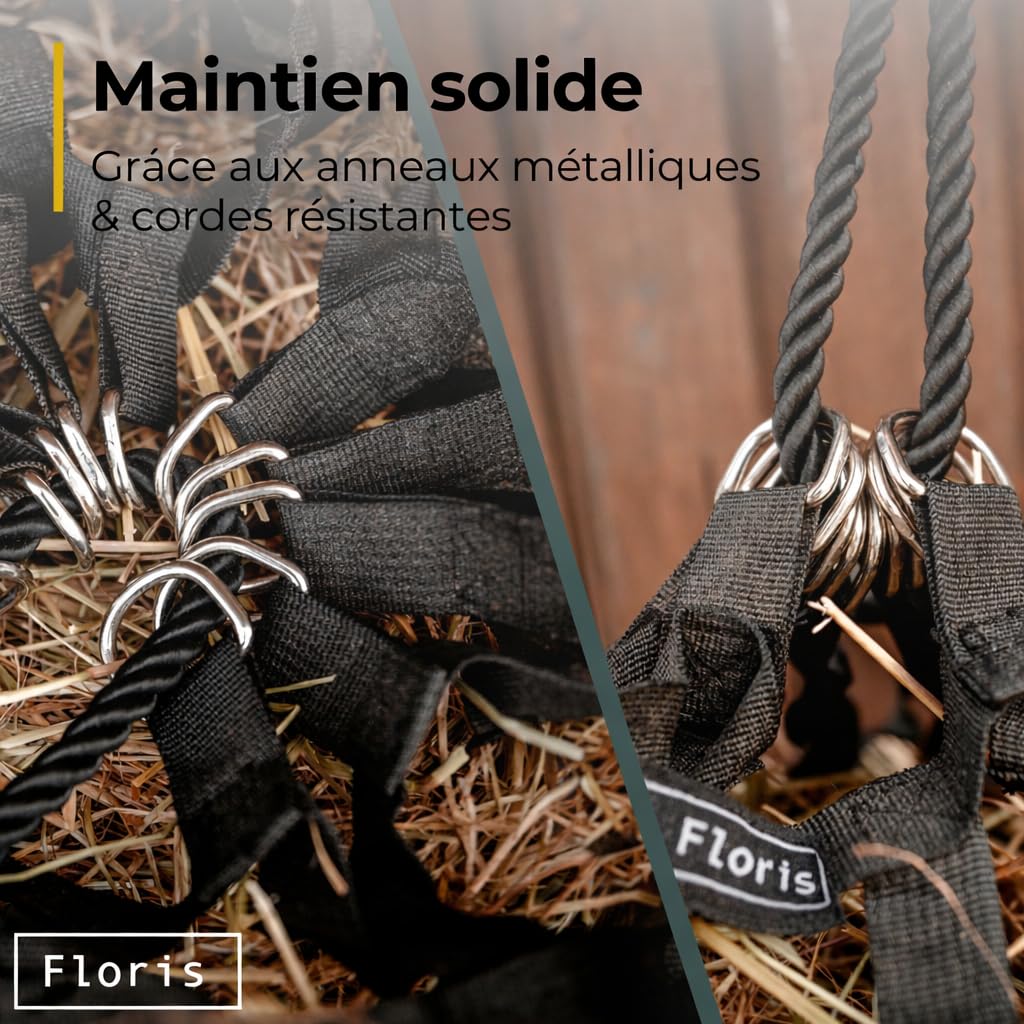 Flori's Filet à foin pour chevaux à mailles serrées - Sac à foin de qualité supérieure pour chevaux à l'alimentation adaptée à l'espèce - 90 x 60 cm - Capacité : jusqu'à 3 kg - Râteau à foin - Jouet