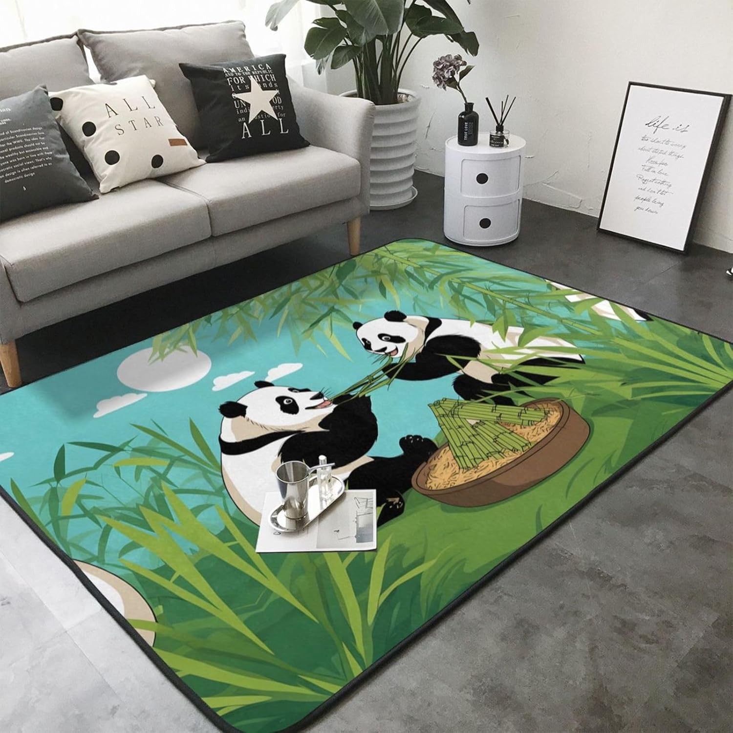 Two Cute Big Pandas Printed Floor mat 80x58 inches, Non-Slip Decorative Carpet for Bedroom and Living Room
