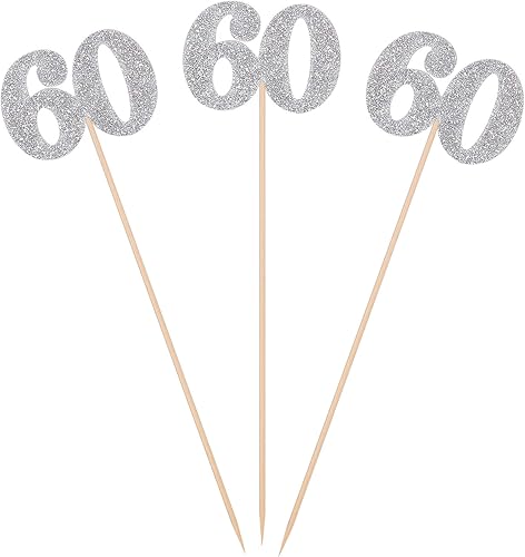 Paquete de 10 palitos plateados con purpurina para el centro de mesa de 60 cumpleaños número 60, decoración de letras de edad