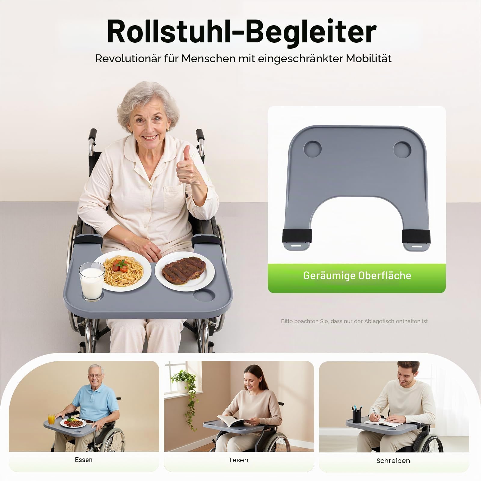 Rollstuhl-Tablett Tisch für Erwachsene ältere Menschen, abnehmbare ABS-Kunststoff-Rollstuhl Esstisch Board mit 2 Cup Holder, tragbare Rollstuhl-Tablett, zum Essen, Lesen, Arbeiten, Grau