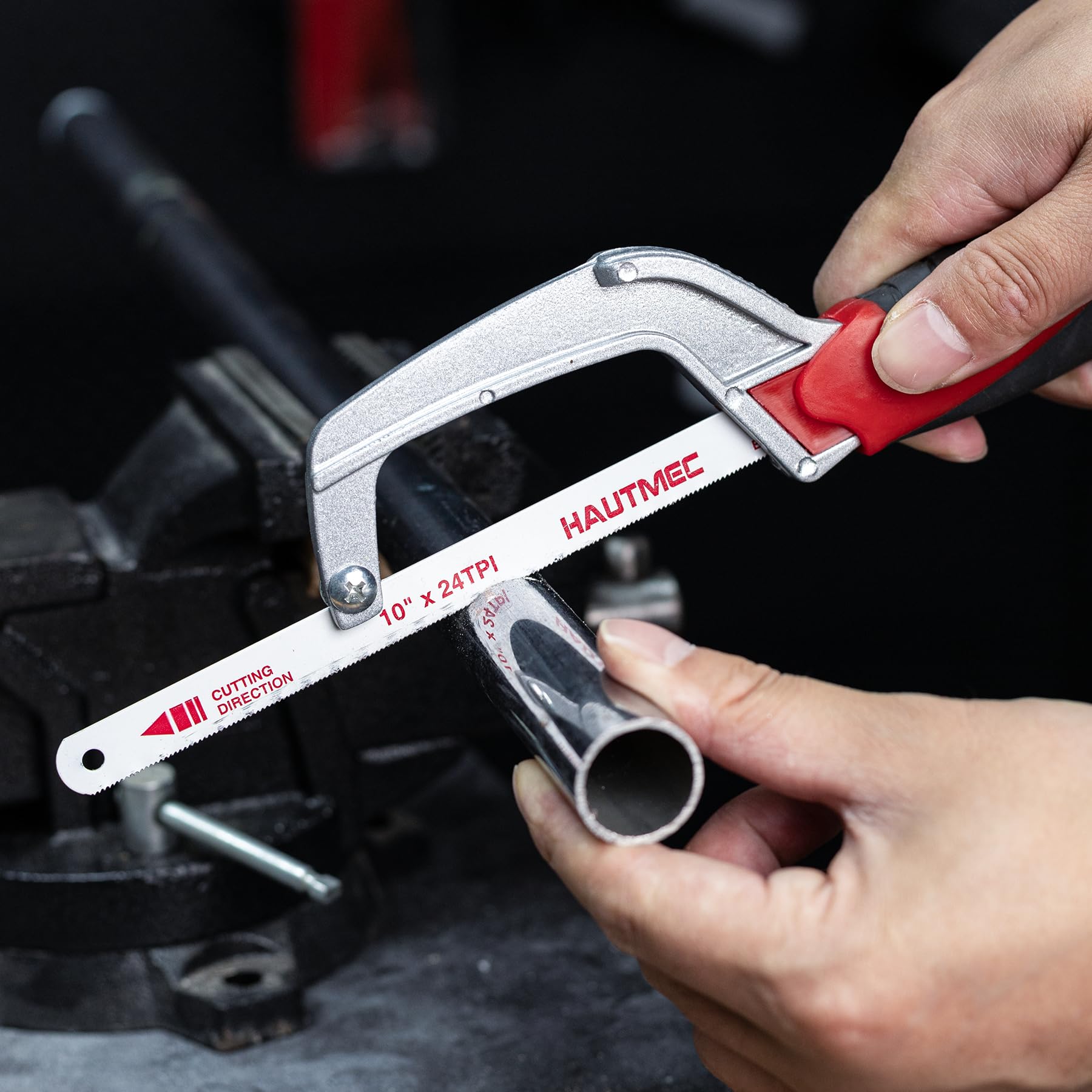 HAUTMEC Scie à métaux compacte 250 mm Junior avec lame bimétallique HSS - Cadre en aluminium léger - Petite scie à main pour couper le métal, le plastique, le PVC et le bois - Idéale pour les espaces