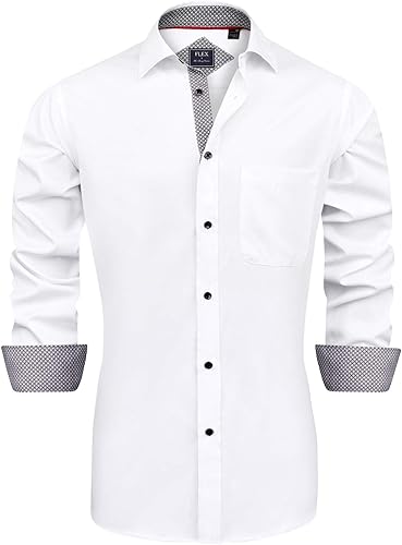 J.VER Camisa de vestir elástica de manga larga casual para hombre, sin arrugas, ajuste regular, con botones