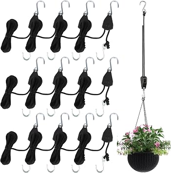 12-Pack 1/8" Adjustable Rope Hanger, Heavy Duty Retractable Ratchet Tie Down Strap with Reinforced Gear, Pulley System for Hanging Plants Grow Light and Tie-Downs for Various Purposes