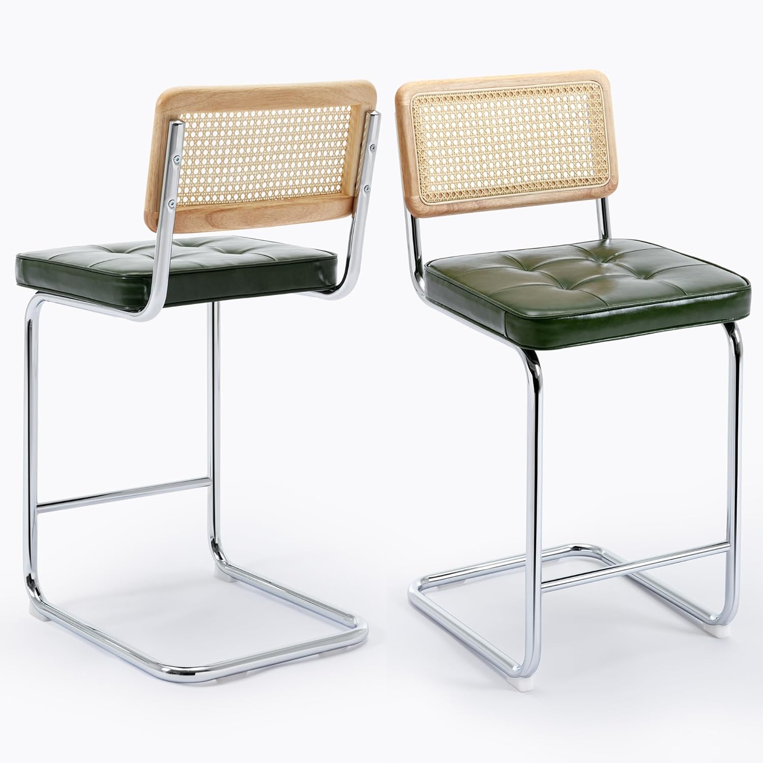 ONEVOG 26'' Counter Stools for Kitchen Counter with Natural Cane Woven Back, Modern Bar Chairs Rattan Bar Stools Set of 2, Wood Frame and Chrome Legs, Cantilevered, Olive Green