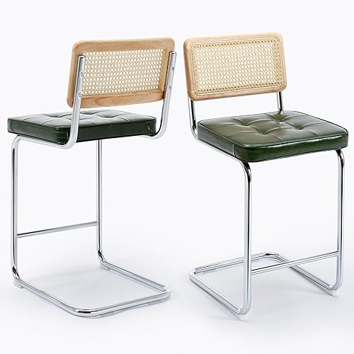 Miniatura 1 de ONEVOG Juego de 2 taburetes de bar de ratán de 26 pulgadas de altura de mostrador con respaldo de caña natural, asientos de tela tapizados para