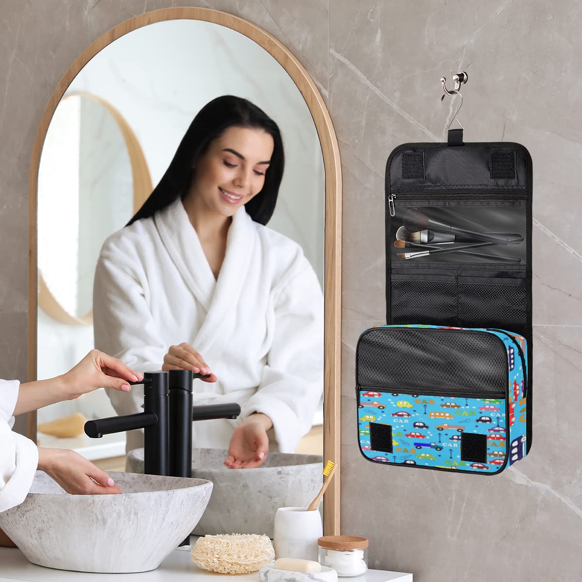 Podróżna kosmetyczka samochodowa kreskówka autobusy myjnia samochodowa torba unisex wiszące przybory toaletowe organizer na kosmetyki, wielobarwny, Jeden rozmiar