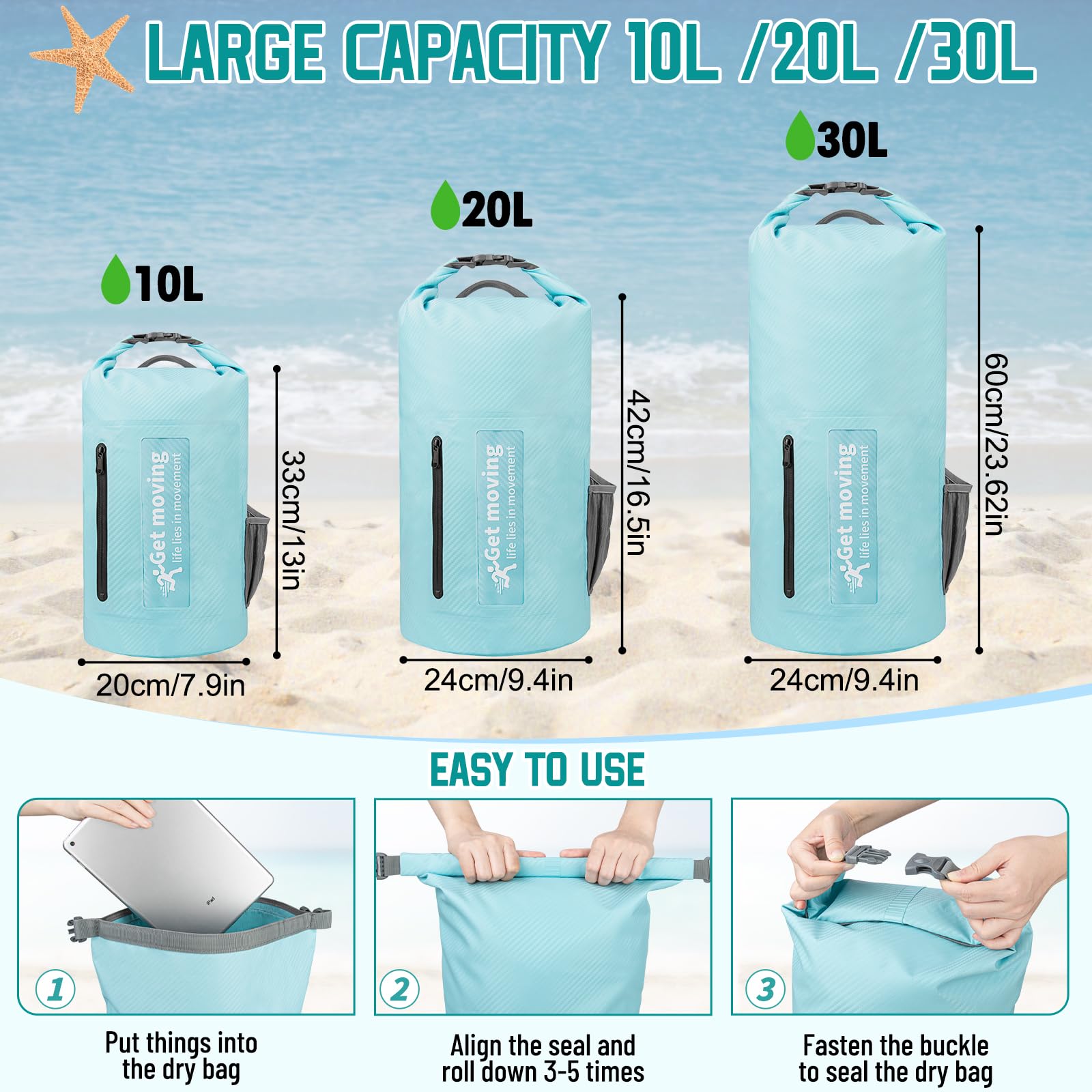 Dry Bag wasserdichte Tasche 20L Leicht RollTop Wasserdichter Rucksack Outdoor Groß Wasserfester Packsack Seesack mit Schultergurt für Kajak Rafting Schwimmen Baden Angeln