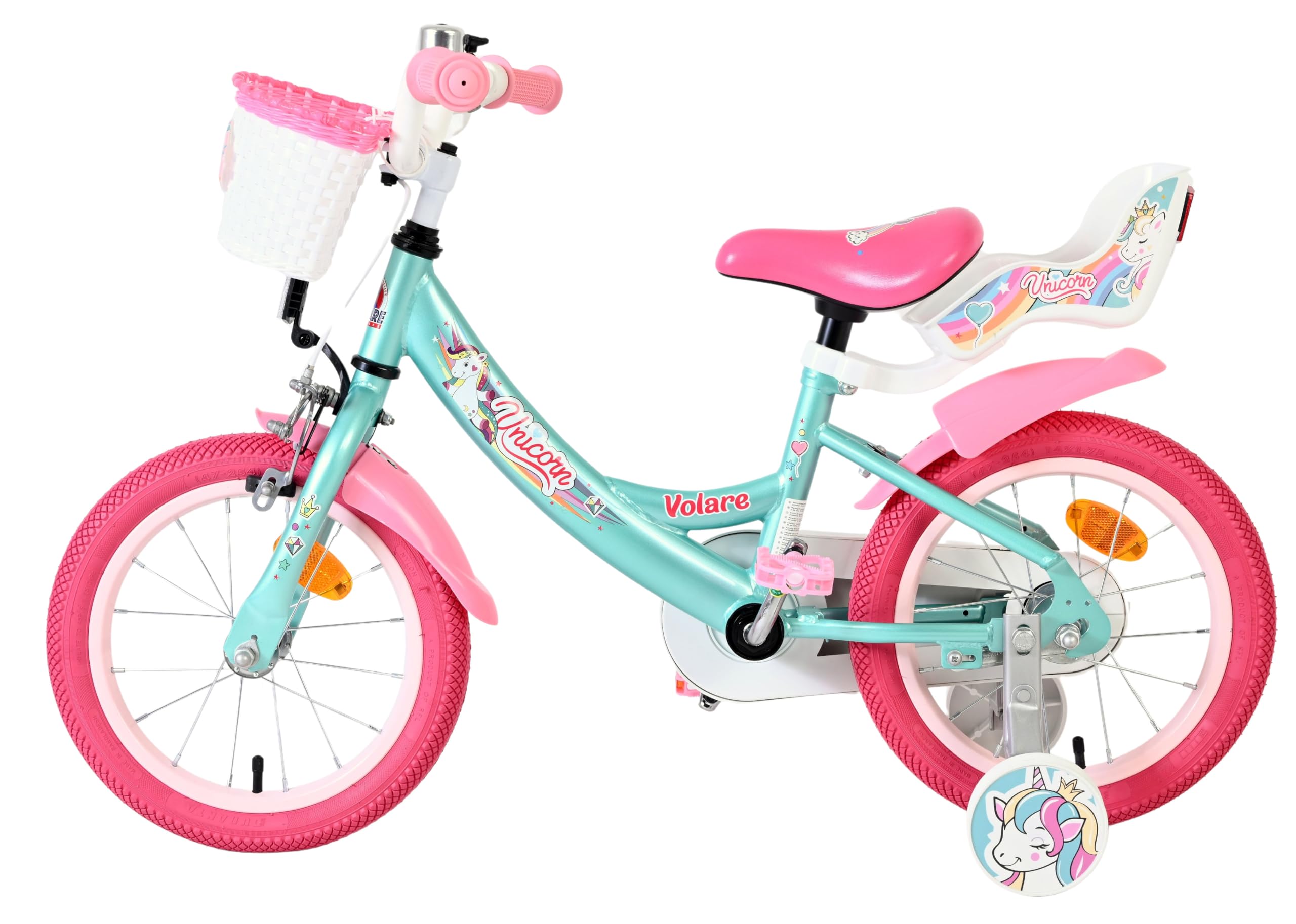 Volare Einhorn Kinderfahrrad Green | 3,5–5 Jahre | 14-Zoll-Räder | Hand- & Rücktrittbremse | Stützräder | Verstellbarer Sattel | Puppensitz Achter & Korb voor | Geschenk voor meisjes