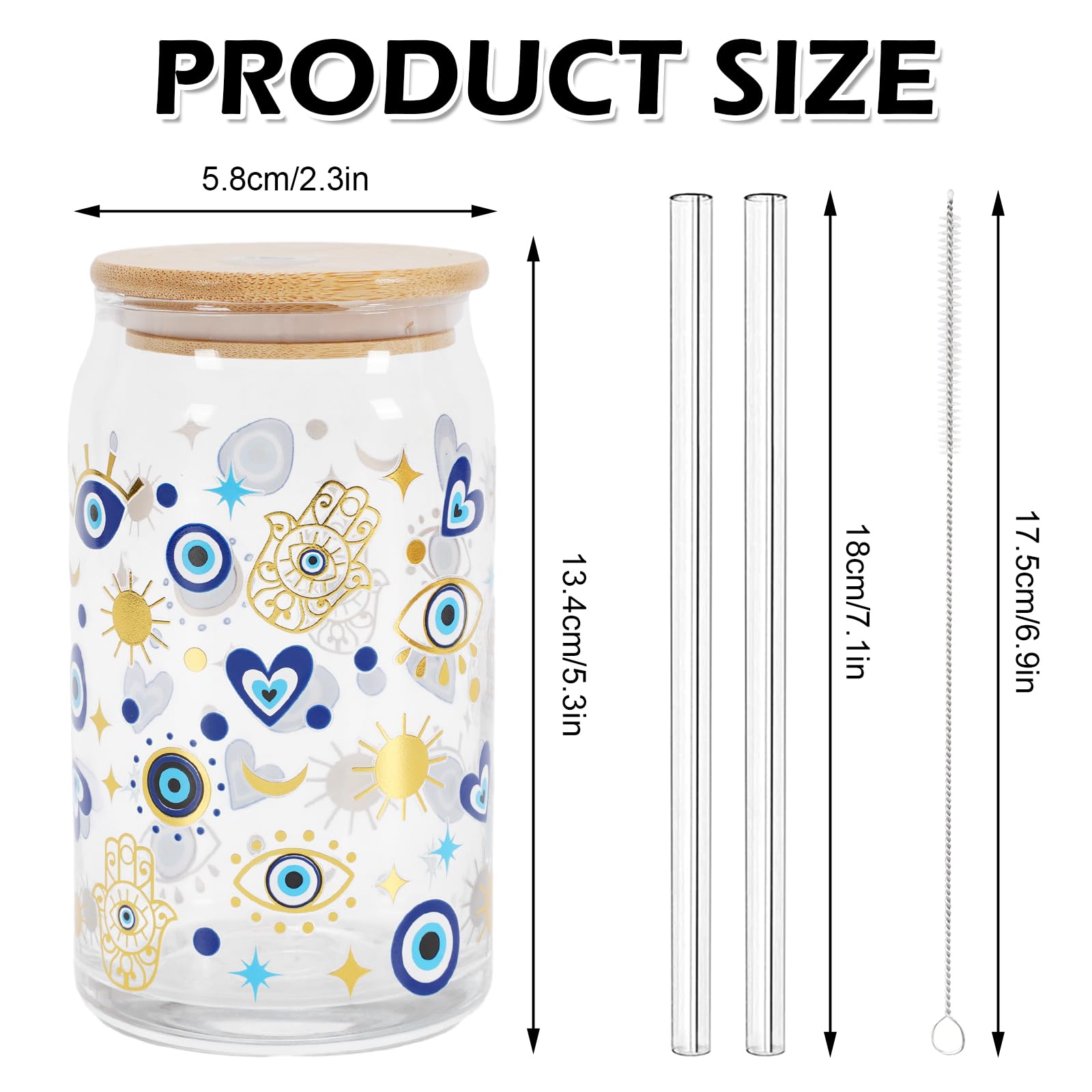 Whaline 2 Pack Evil Eyes Iced Coffee Cup Blue Evil Eye Hamsa Hand Drinking Glasses Astrological Beer Can Glass with Lid Straw Cleaning Brush for Home Office Women Gifts,16oz